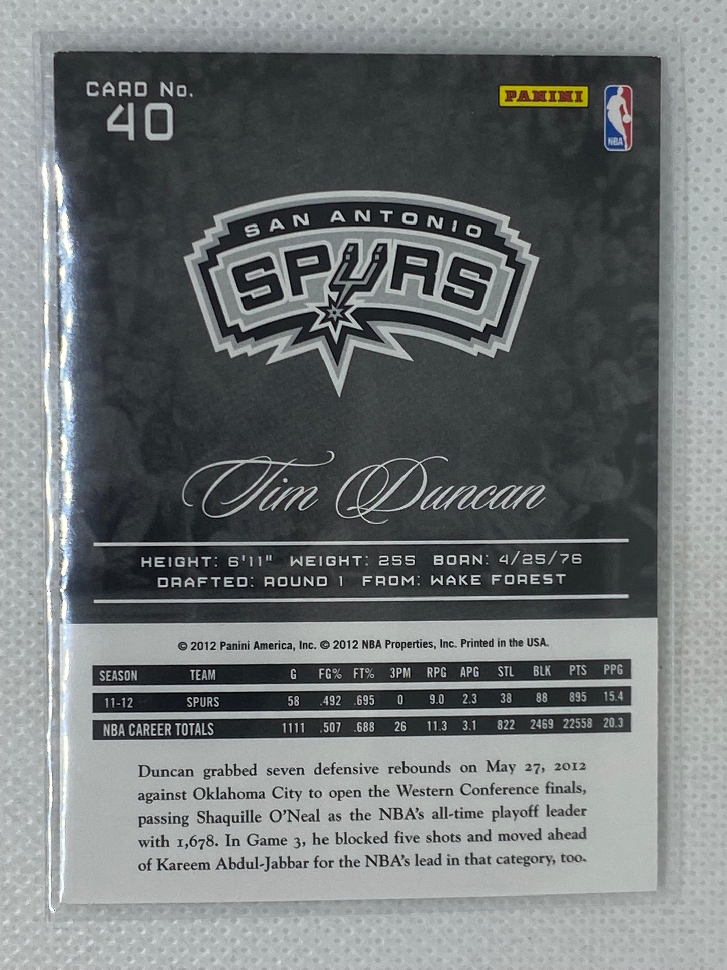 2012-13 Panini Prestige Tim Duncan #40 San Antonio Spurs