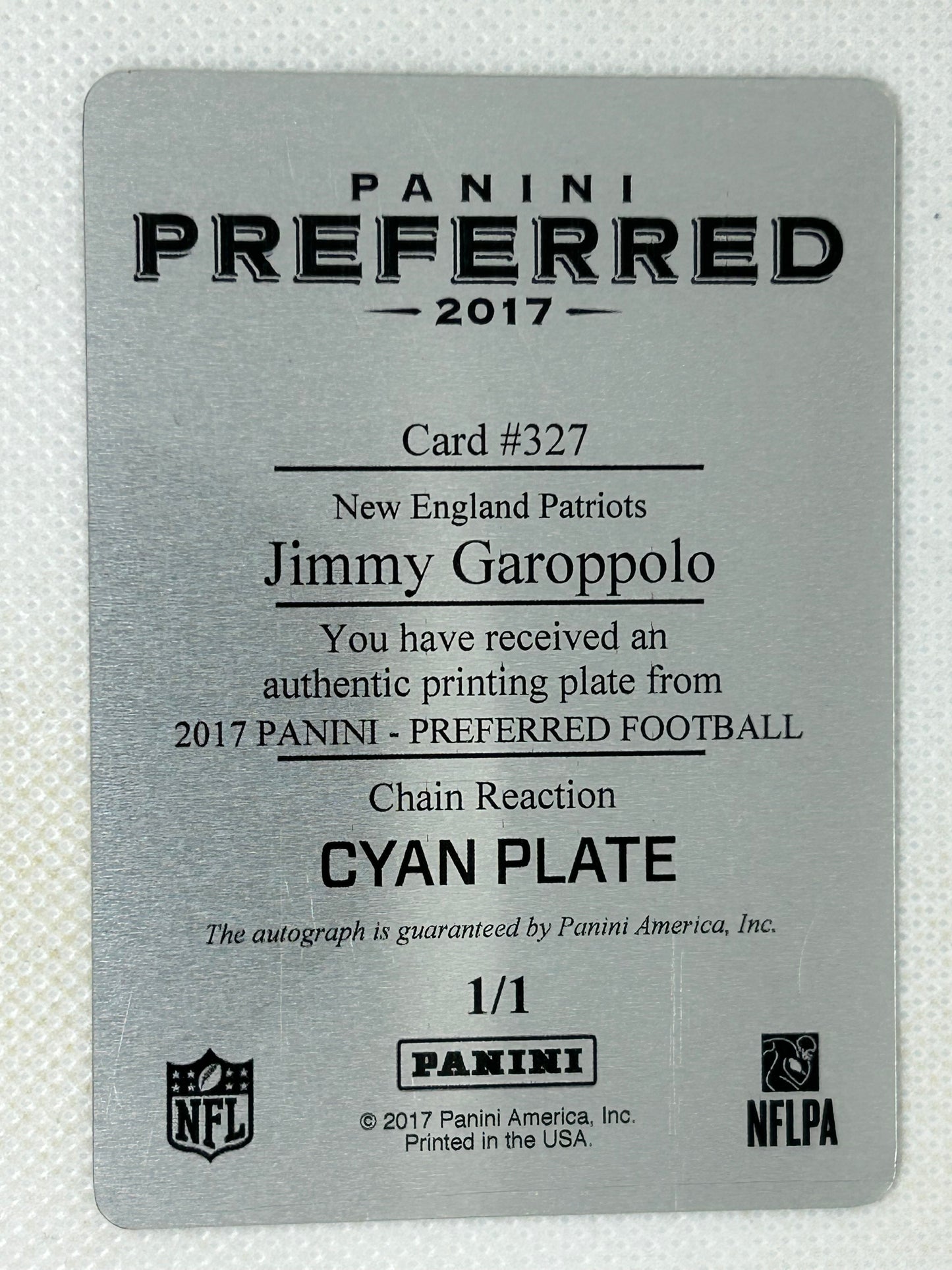 2017 Panini Preferred #327 Jimmy Garoppolo Printing Plates Cyan Autograph 1/1 New England Patriots