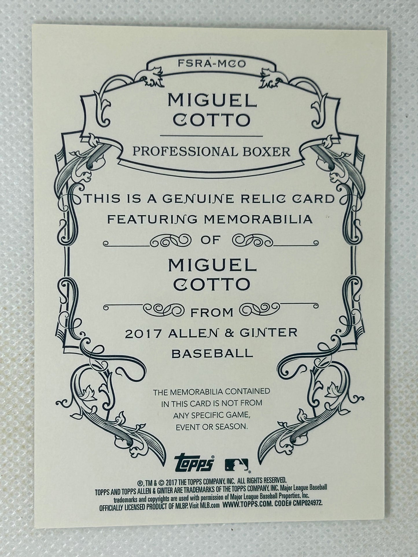 2017 Topps Allen & Ginter Baseball Miguel Cotto Relic #FSRA-MCO