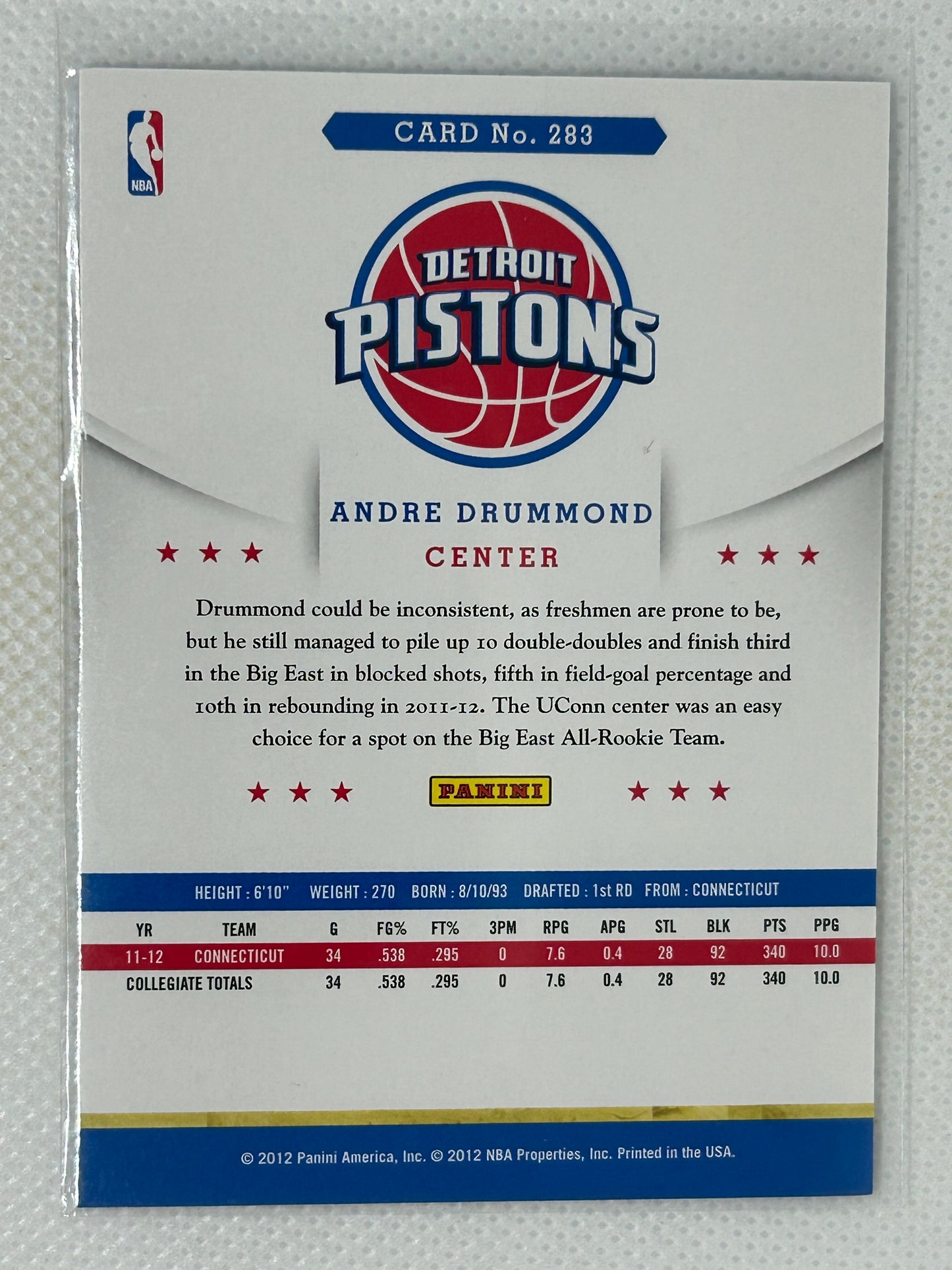 2012-13 Panini Hoops Rookie Andre Drummond #283 Detroit Pistons