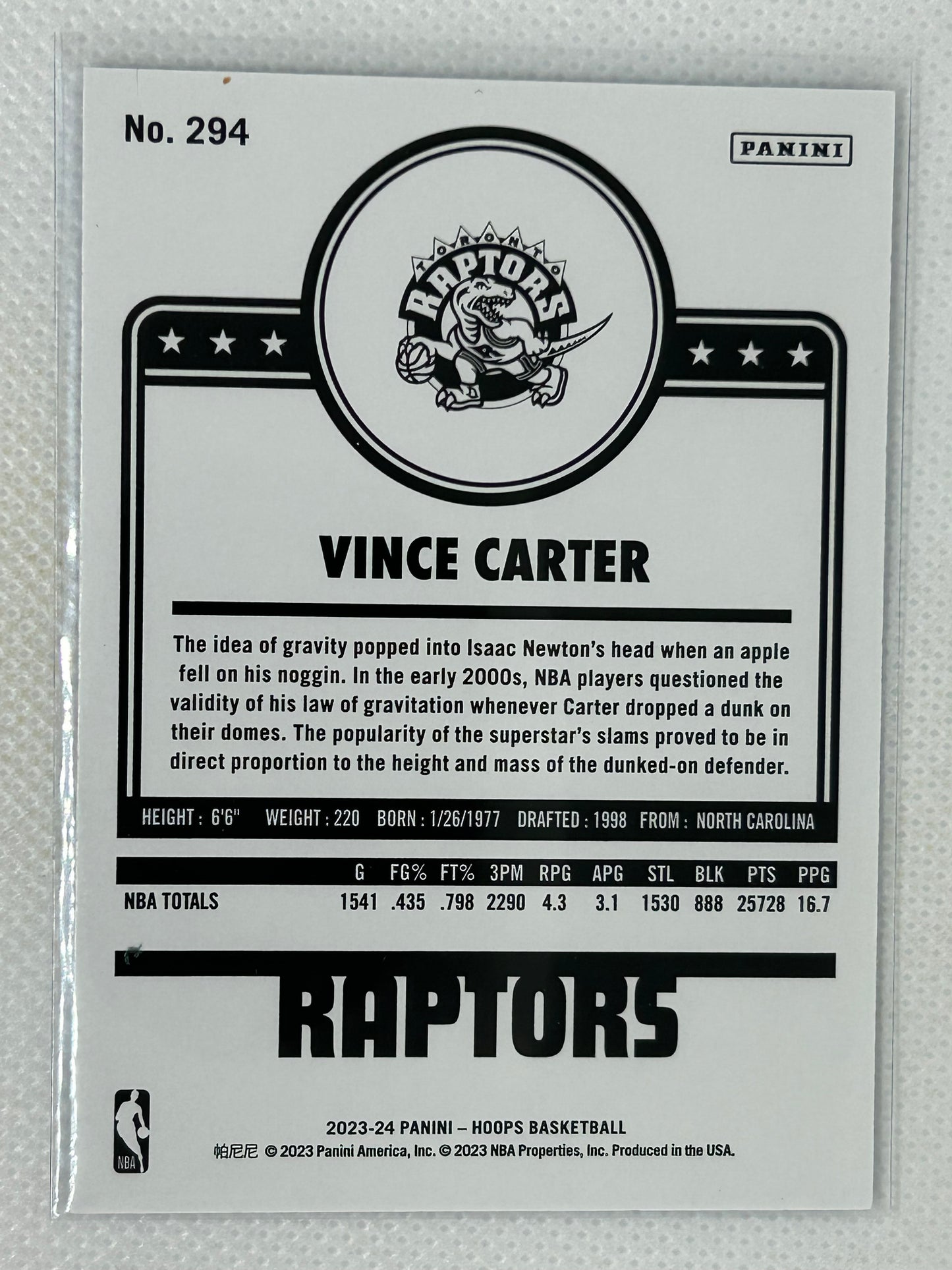 2023-24 Panini NBA Hoops Tribute Card Blue Border Vince Carter #294 Toronto Raptors