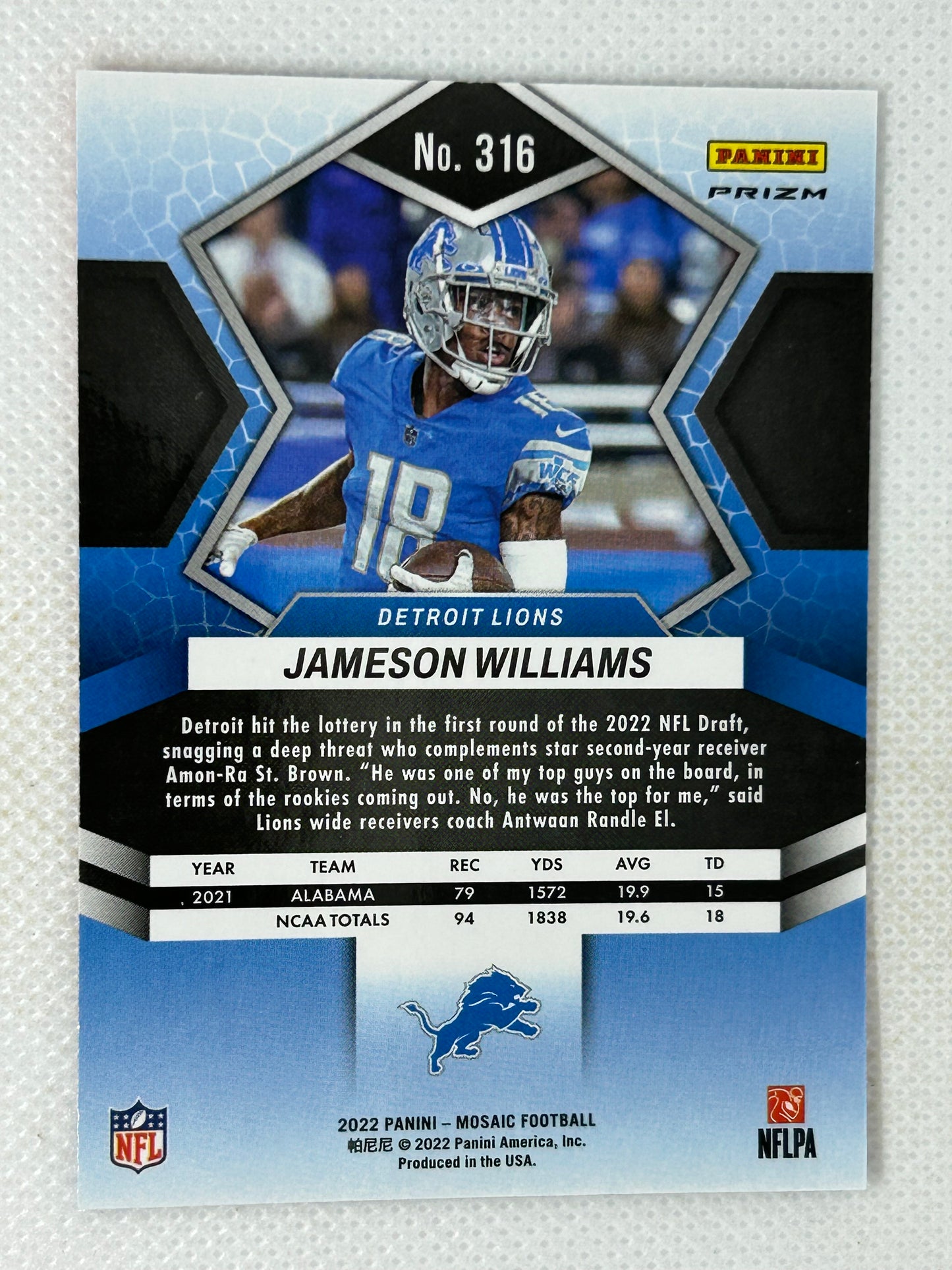 2022 Panini Mosaic Mosaic Reactive Orange #316 Jameson Williams Detroit Lions