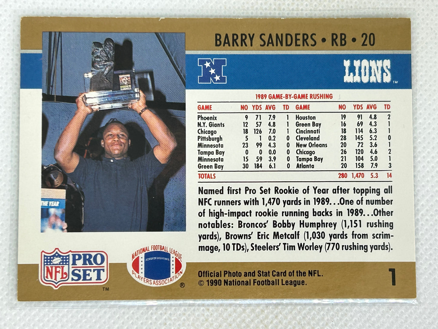 1990 Pro Set Barry Sanders Rookie of The Year Detroit Lions #1