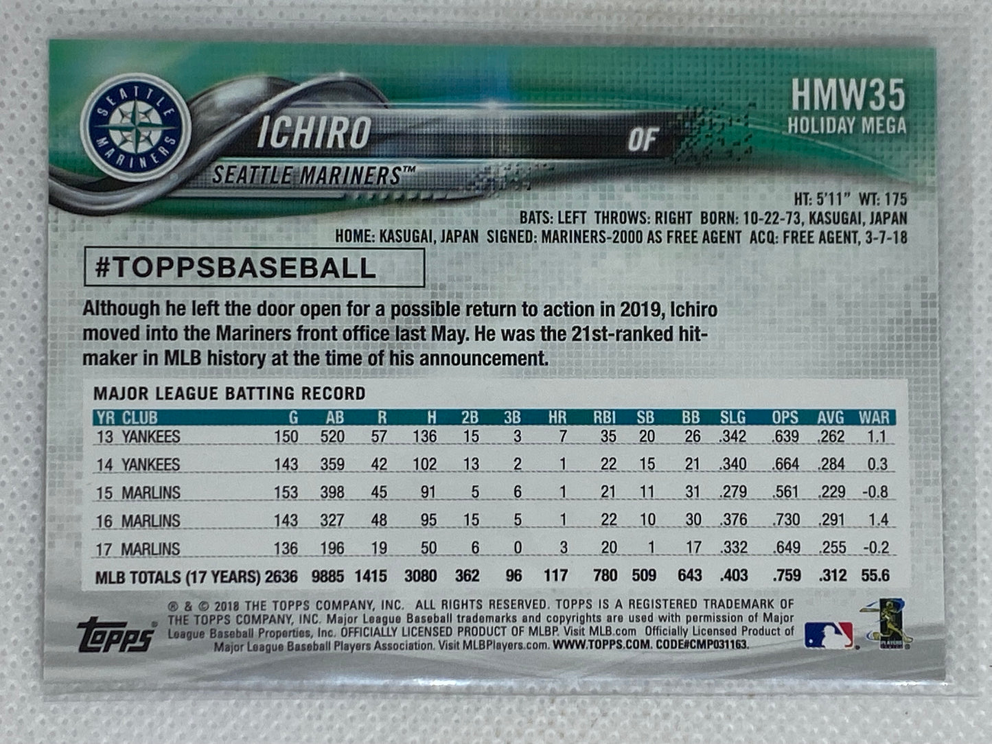 2018 Topps Holiday Baseball - Metallic SP - #HMW35 Ichiro Suzuki- Seattle Mariners