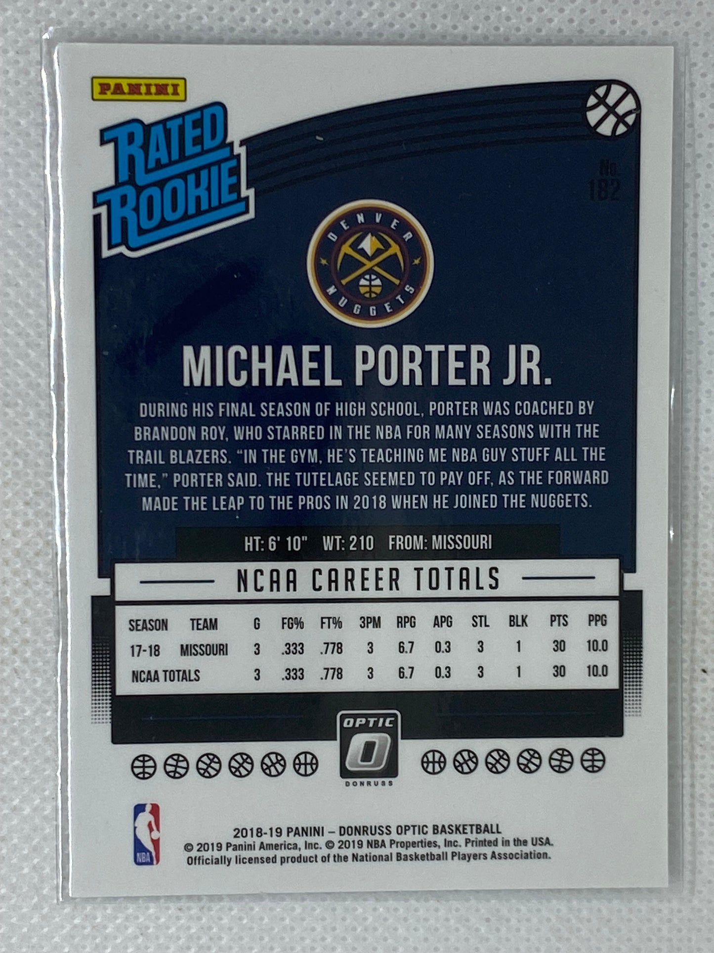 2018-19 Panini Donruss Optic Rated Rookie Michael Porter Jr #182