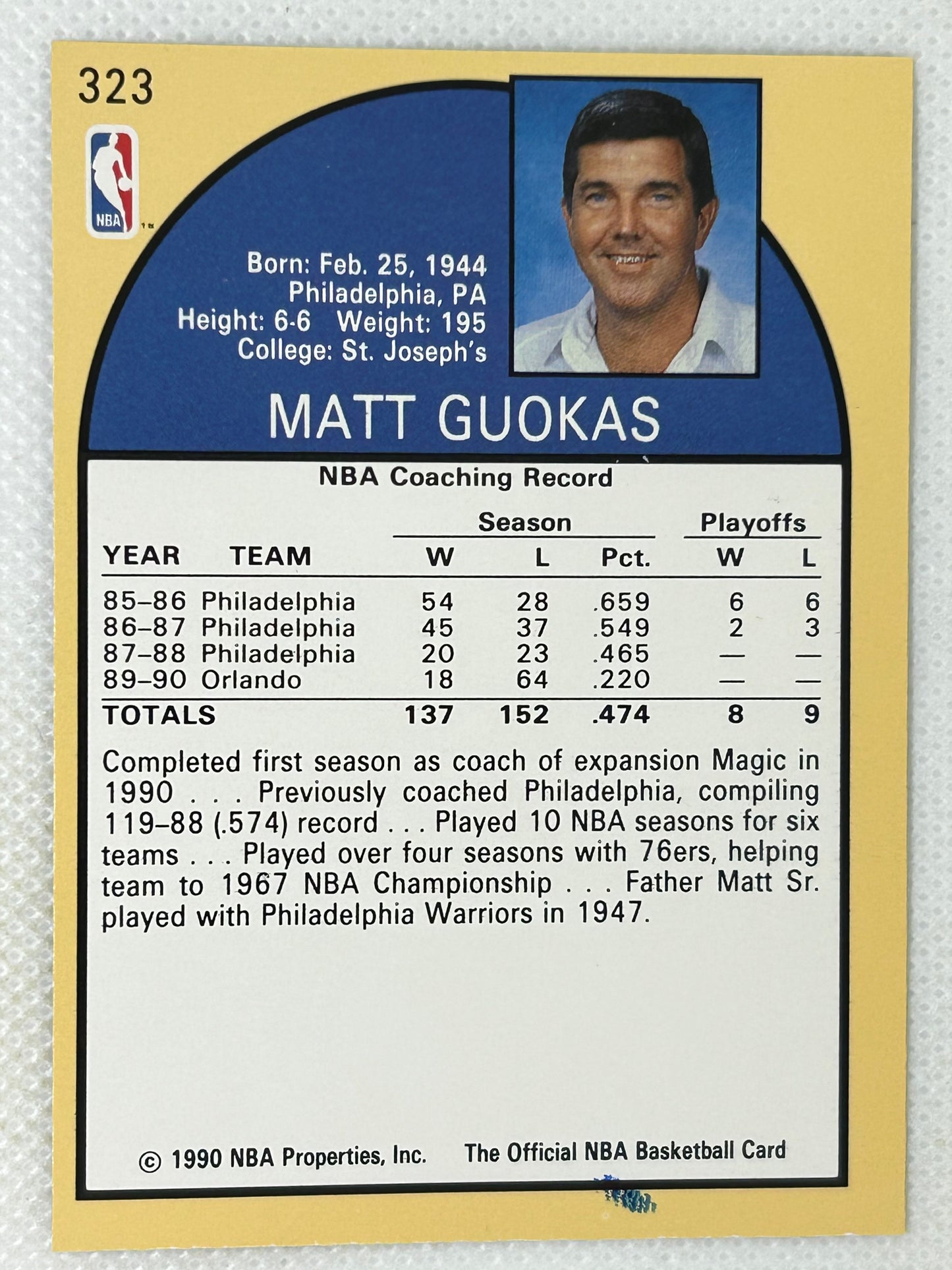 1990-91 NBA Hoops Matt Guokas #323 Orlando Magic Signed Card