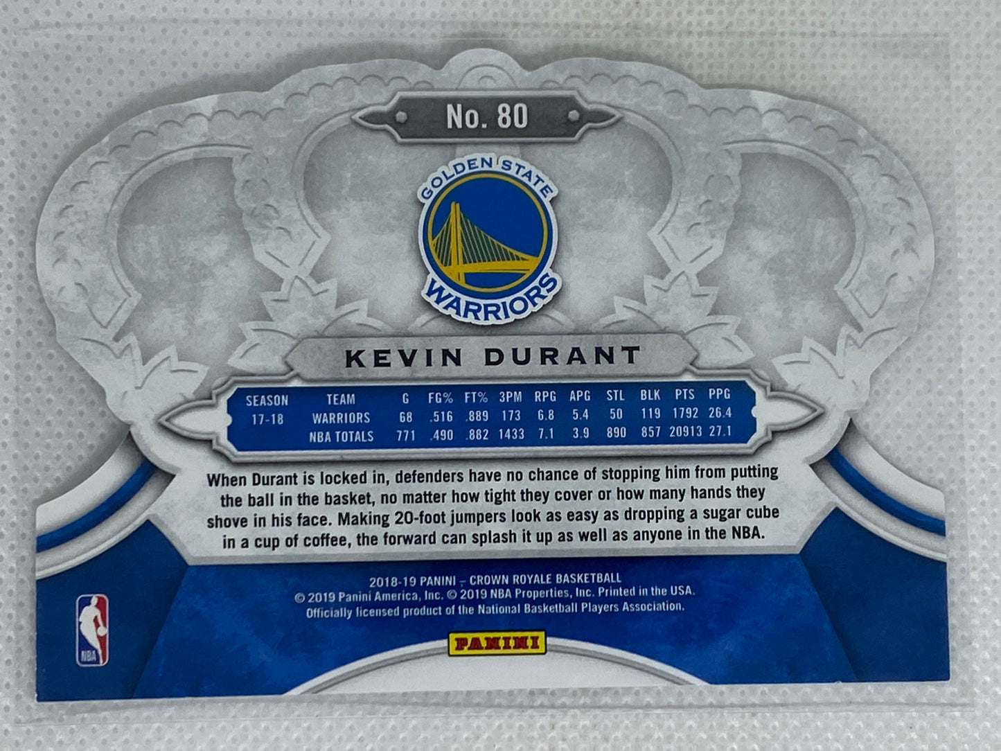 2018-19 Panini Crowne Royale Base #80 Kevin Durant Golden State Warriors