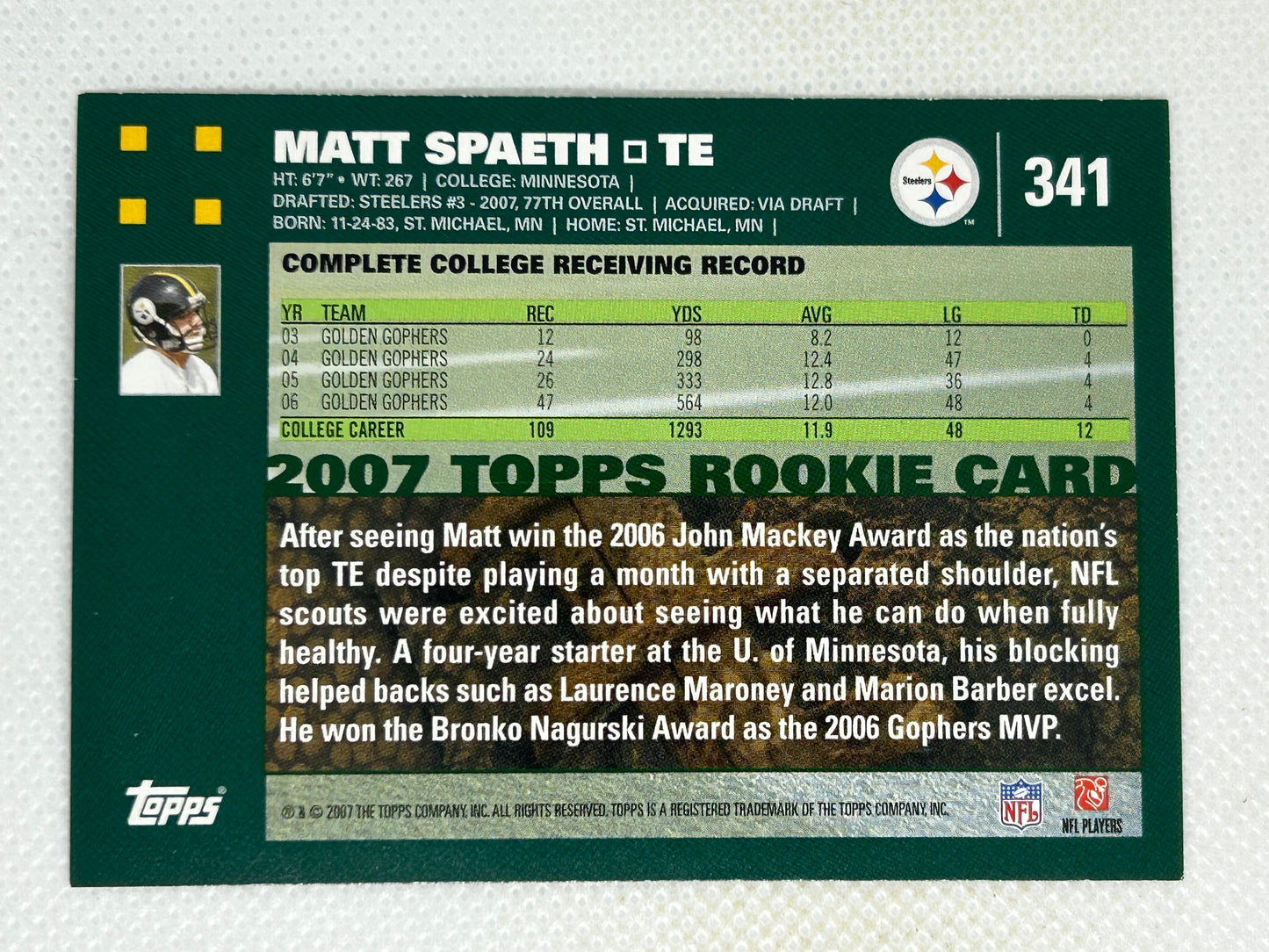 2007 Topps Rookie Matt Spaeth #341 Pittsburgh Steelers Signed Card