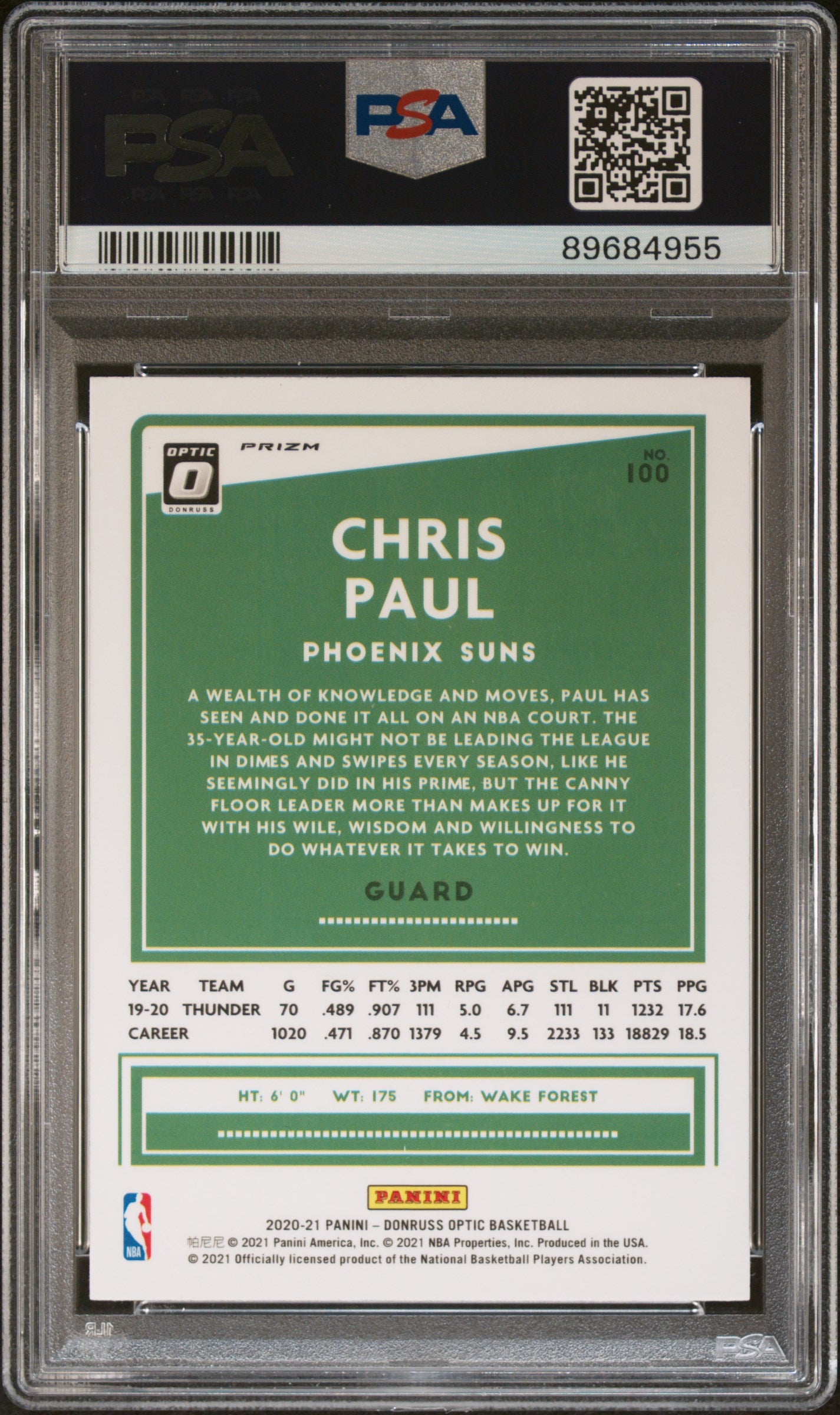 2020 Panini Donruss Optic Hyper Pink #100 Chris Paul Phoenix Suns PSA 9 Pop 1