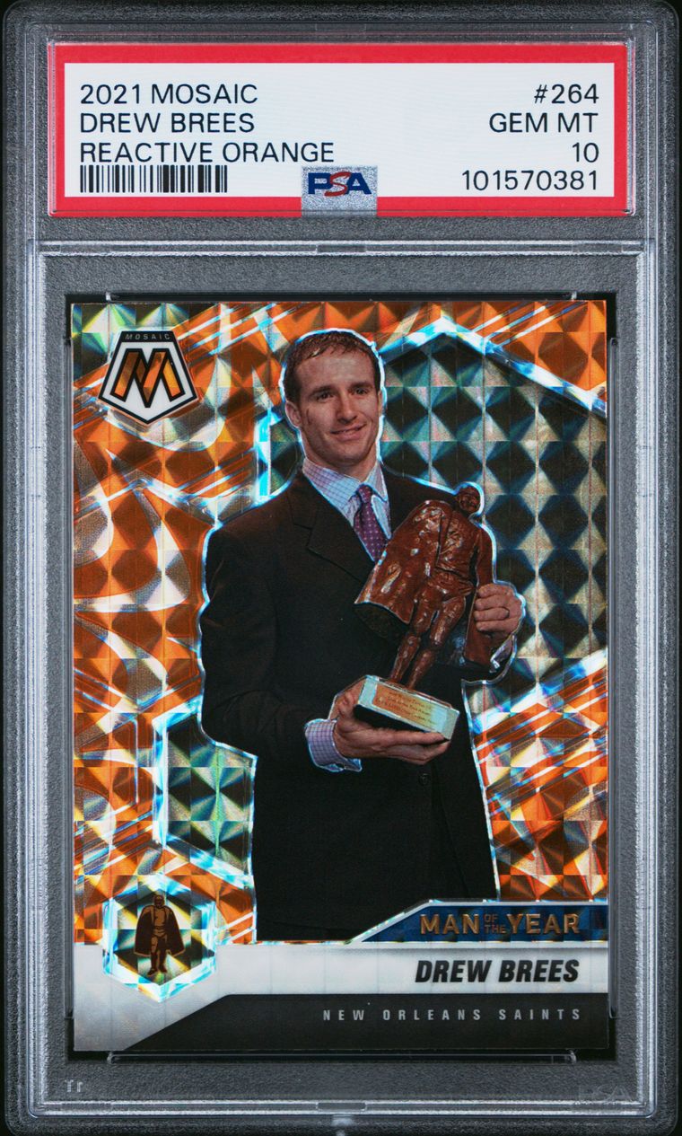 2021 Panini Mosaic Reactive Orange Man of the Year Drew Brees #264 New Orleans Saints PSA 10