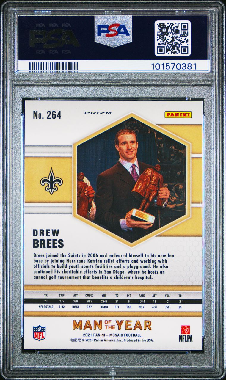 2021 Panini Mosaic Reactive Orange Man of the Year Drew Brees #264 New Orleans Saints PSA 10