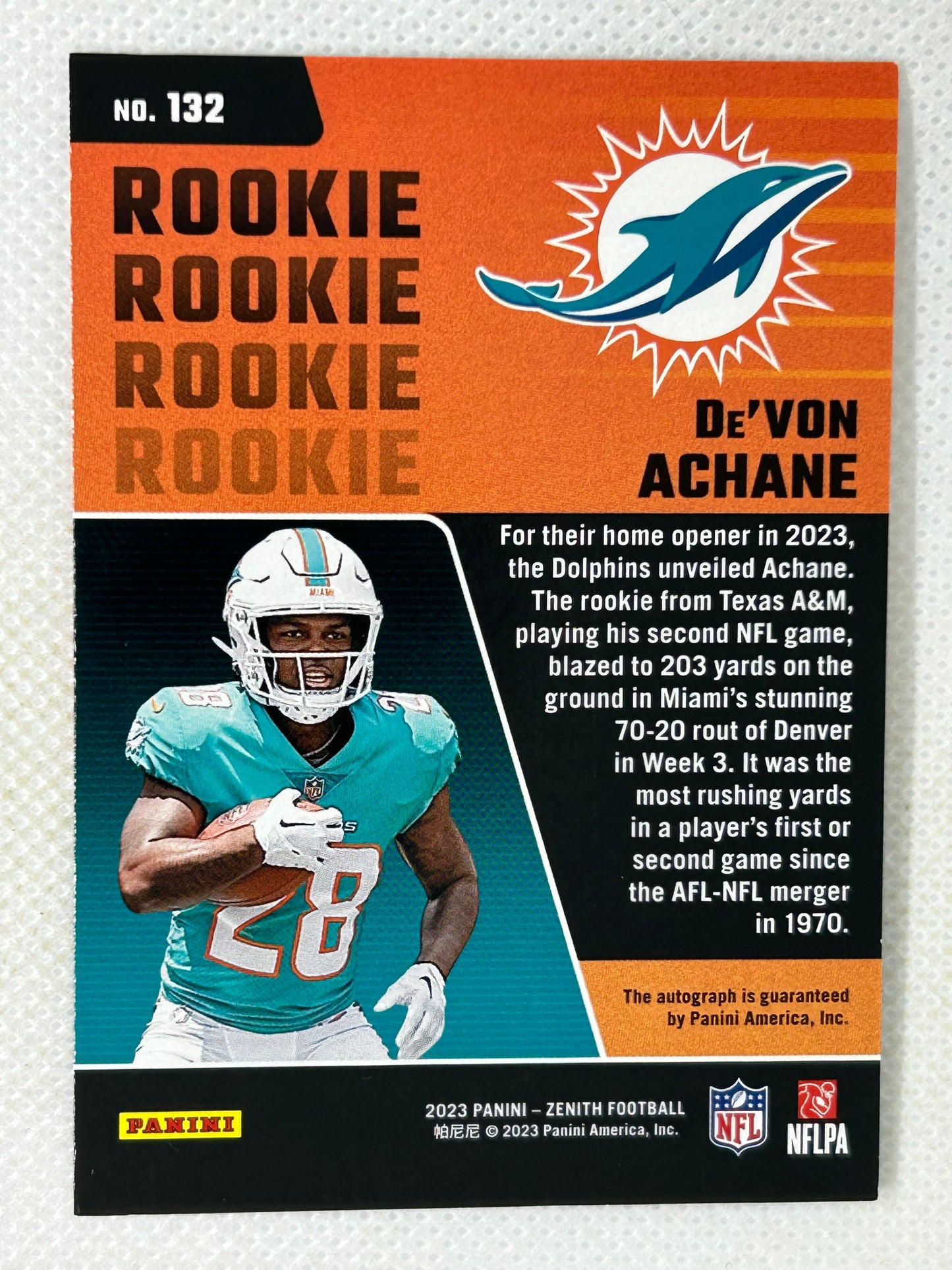 2023 Panini Zenith Rookie Autograph #132 Devon Achane /299 Miami Dolphins