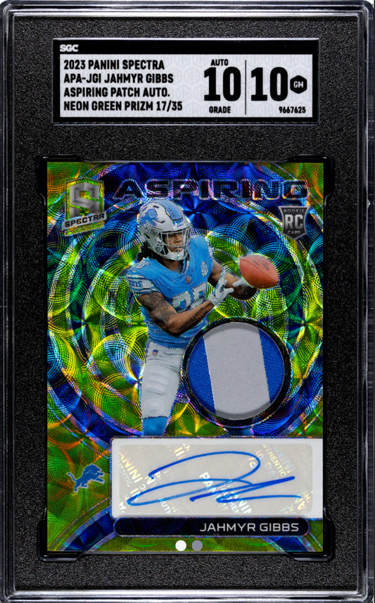 2021 Panini Spectra Neon Green Prizm Aspiring Patch Jahmyr Gibbs API-JGI Autograph /35 SGC 10 Auto Grade 10 Detroit Lions