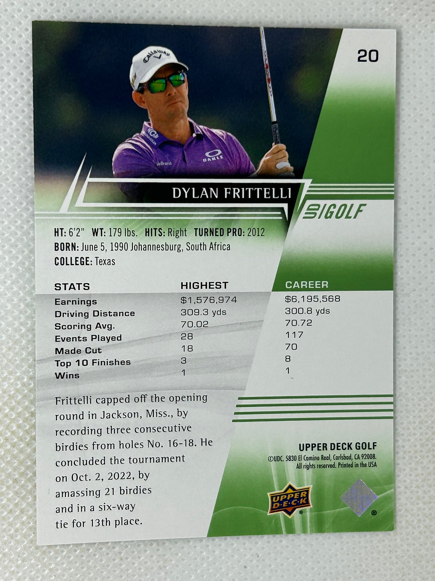 2024 Upperdeck Golf Dylan Frittelli #20 Signed Card