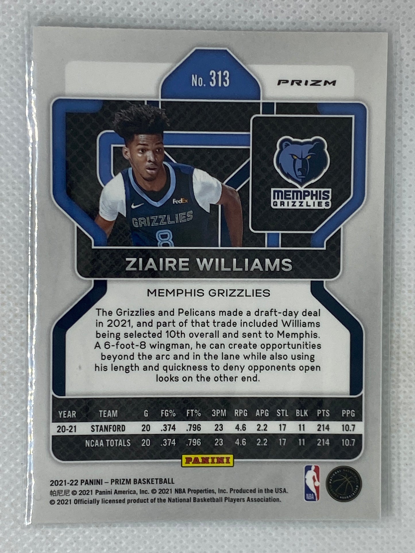 2021-22 Panini Prizm Green Rookie Ziaire Williams #313 Memphis Grizzlies