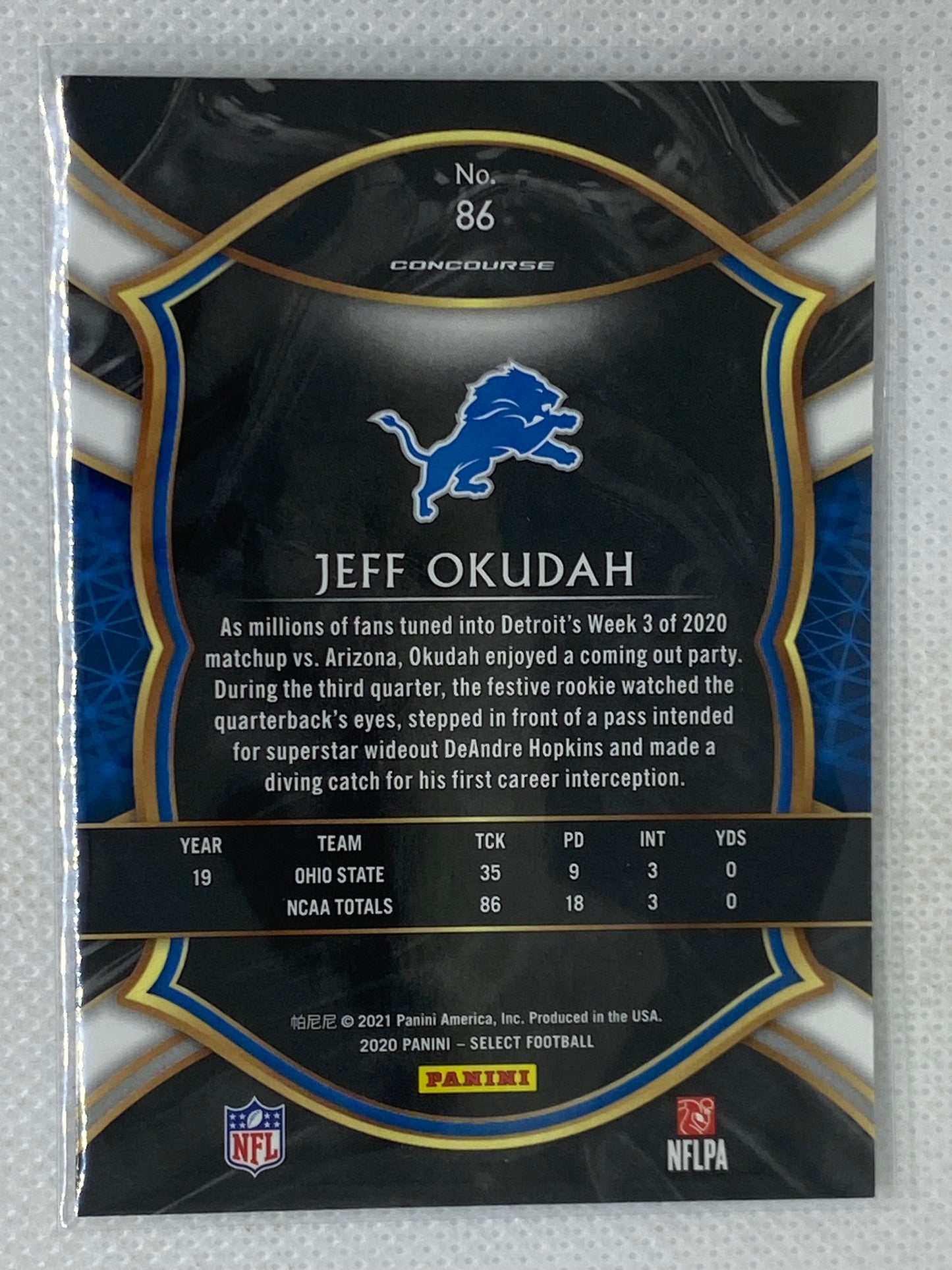 2020 Jeff Okudah Panini Select Concourse Level #86 Rookie Card - Detroit Lions