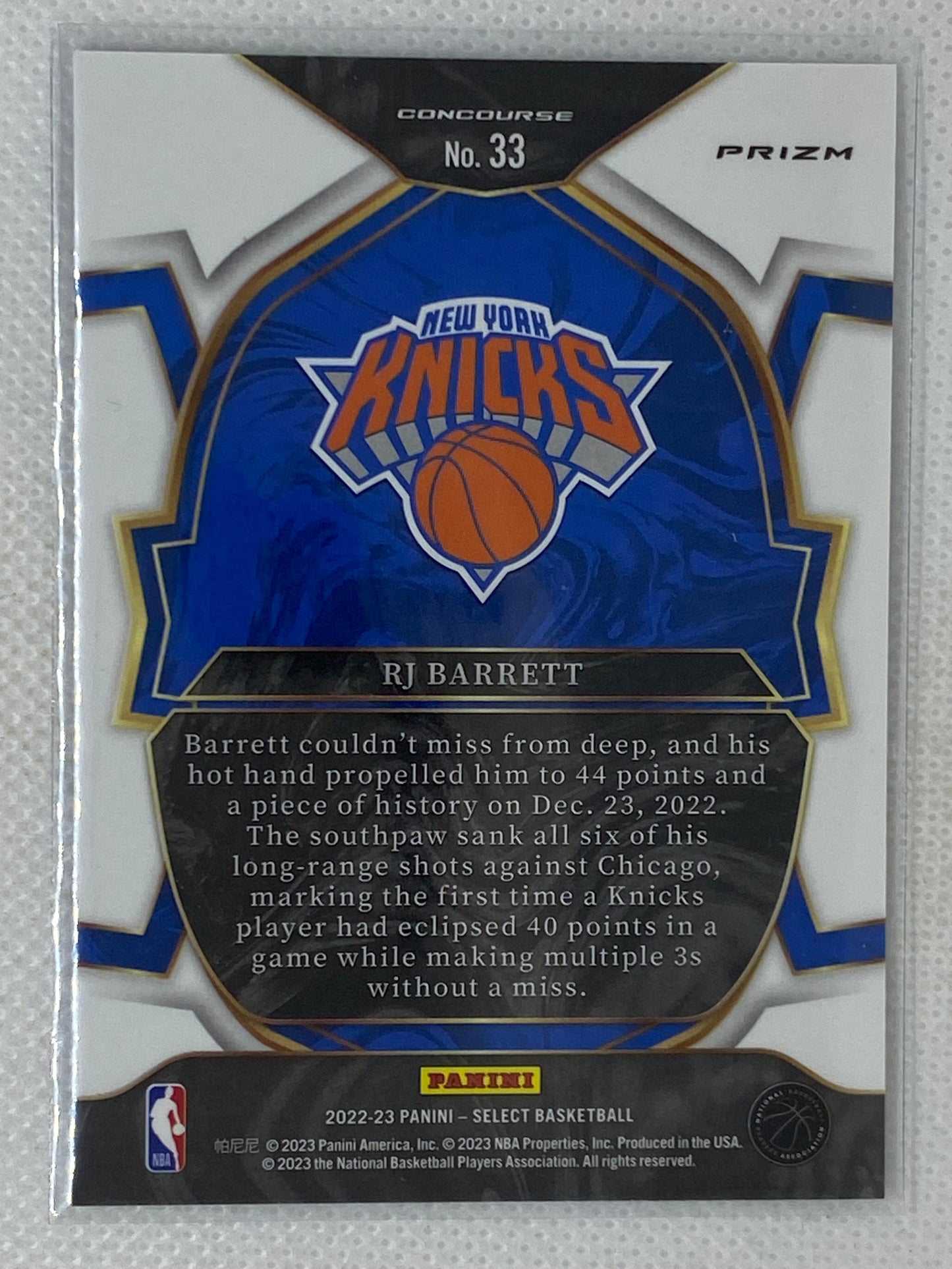 2022-23 Panini Select Premier Level Blue Silver Prizm RJ Barrett #33 New York Knicks