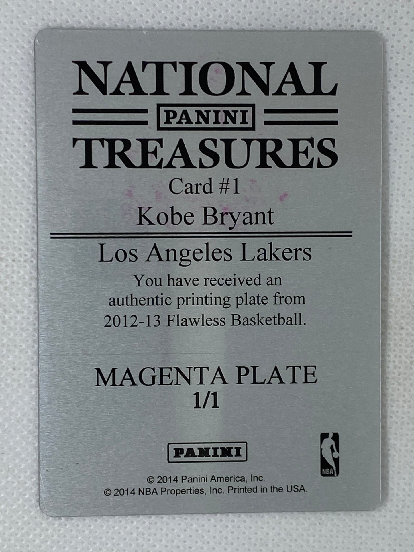 2012-13 Panini Flawless Autograph Magenta Printing Plate 1/1 Kobe Bryant #1 National Treasures