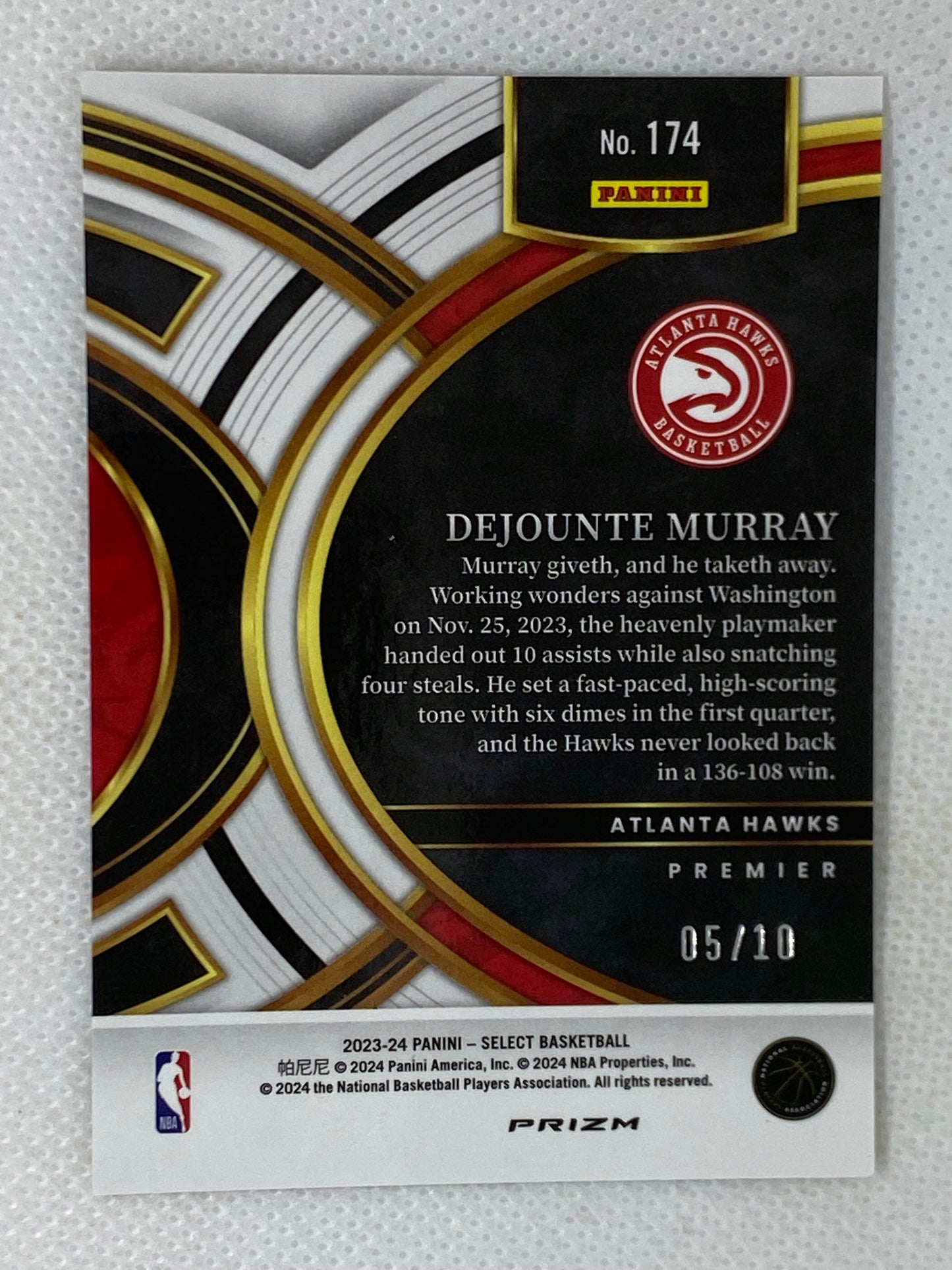 2023-24 Panini Select #174 Dejounte Murray Gold Tectonic /10 Jersey Number Match Atlanta Hawks