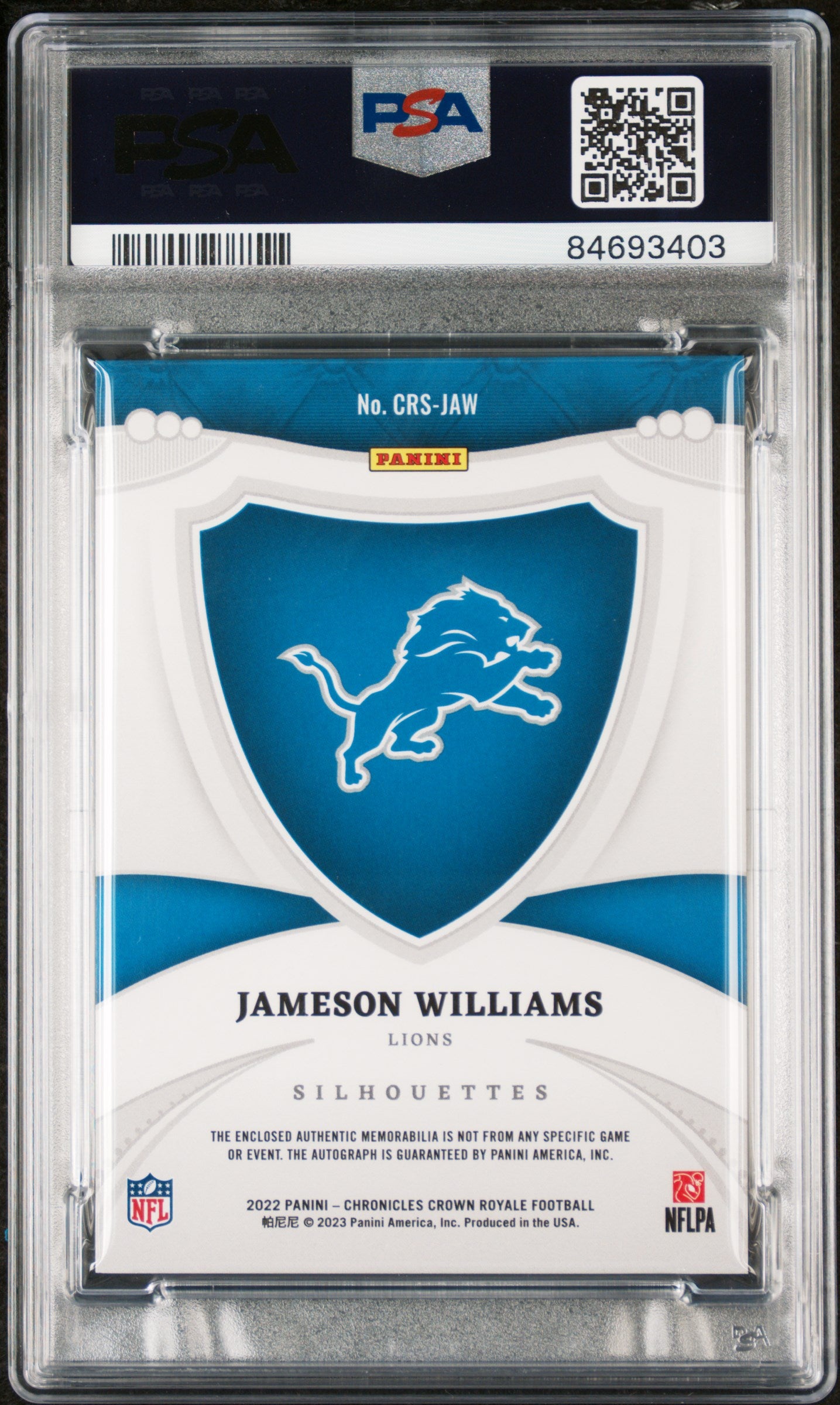 2022 Panini Crown Royale Rookie Autograph #CRS-JAW /99 Jameson Williams Detroit Lions PSA 8