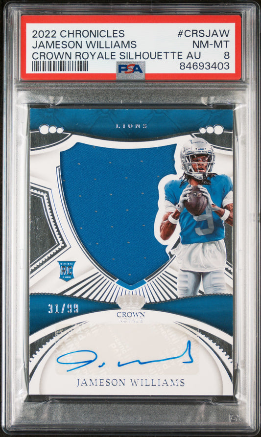 2022 Panini Crown Royale Rookie Autograph #CRS-JAW /99 Jameson Williams Detroit Lions PSA 8