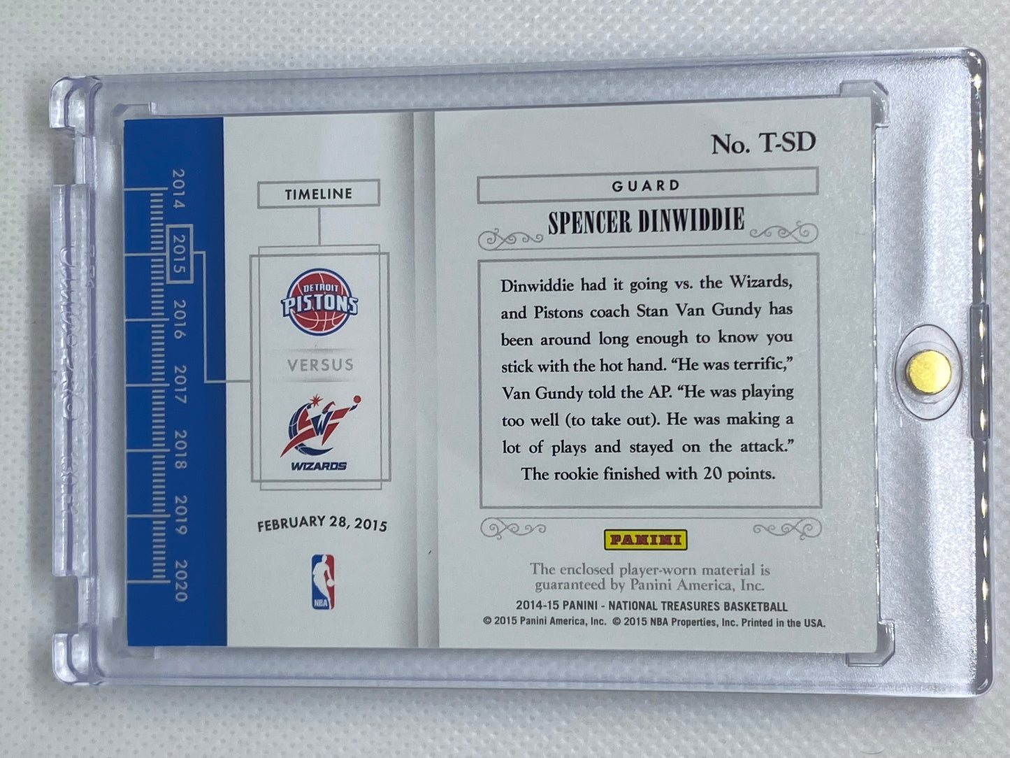 2014-15 Panini National Treasures Timelines /99 Spencer Dinwiddie #T-SD Rookie Patch Detroit Pistons