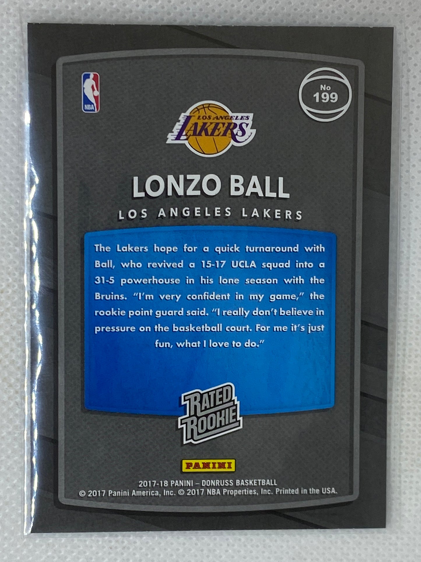 2017-18 Donruss Lonzo Ball Rookie Los Angeles Lakers #199