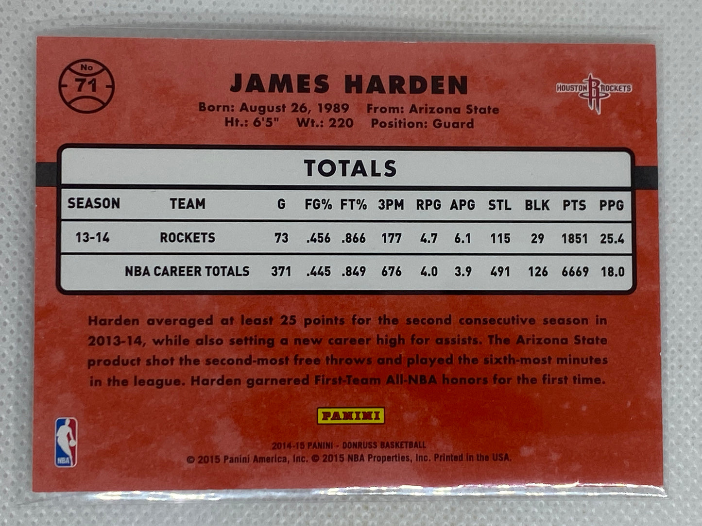 2014-15 Panini Donruss Press Proof Purple /199 James Harden #71