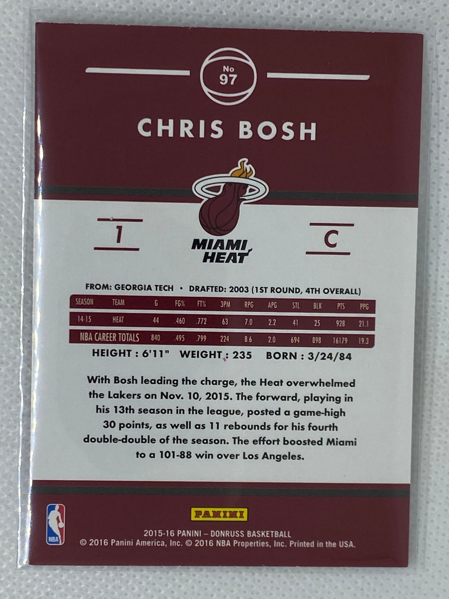 2015-16 Panini Donruss Base #97 Chris Bosh Miami Heat