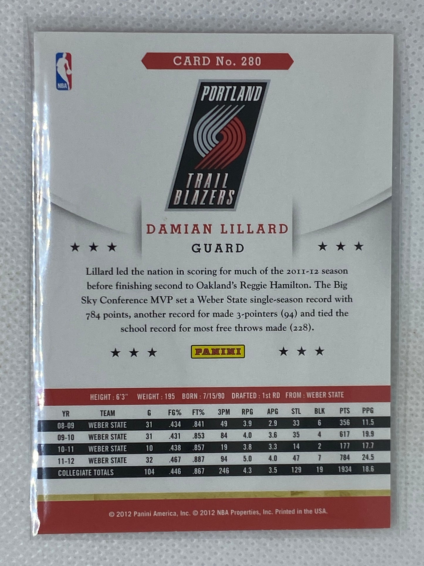 2012-13 Panini Hoops Damian Lillard #280 Rookie Card