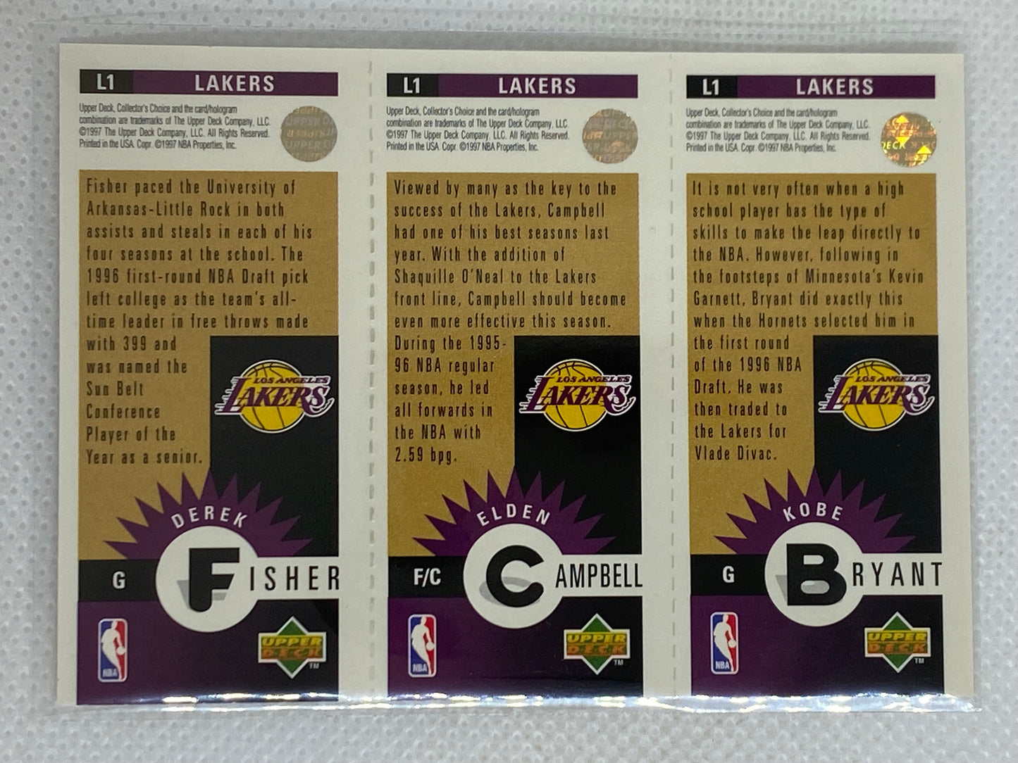 1996-97 Upper Deck Kobe Bryant RC Campbell & Fisher GOLD Basketball Card #L1