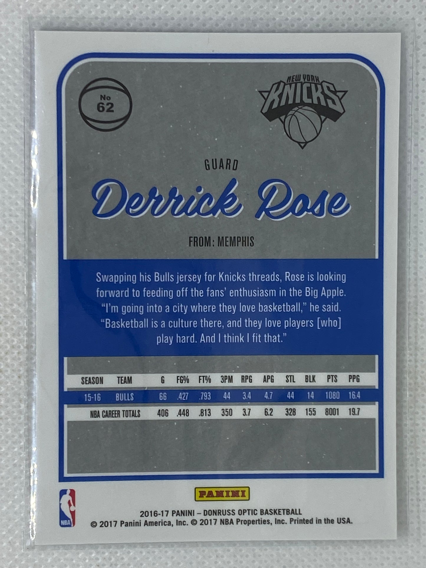 2016-17 Donruss Optic New York Knicks Basketball Card #62 Derrick Rose