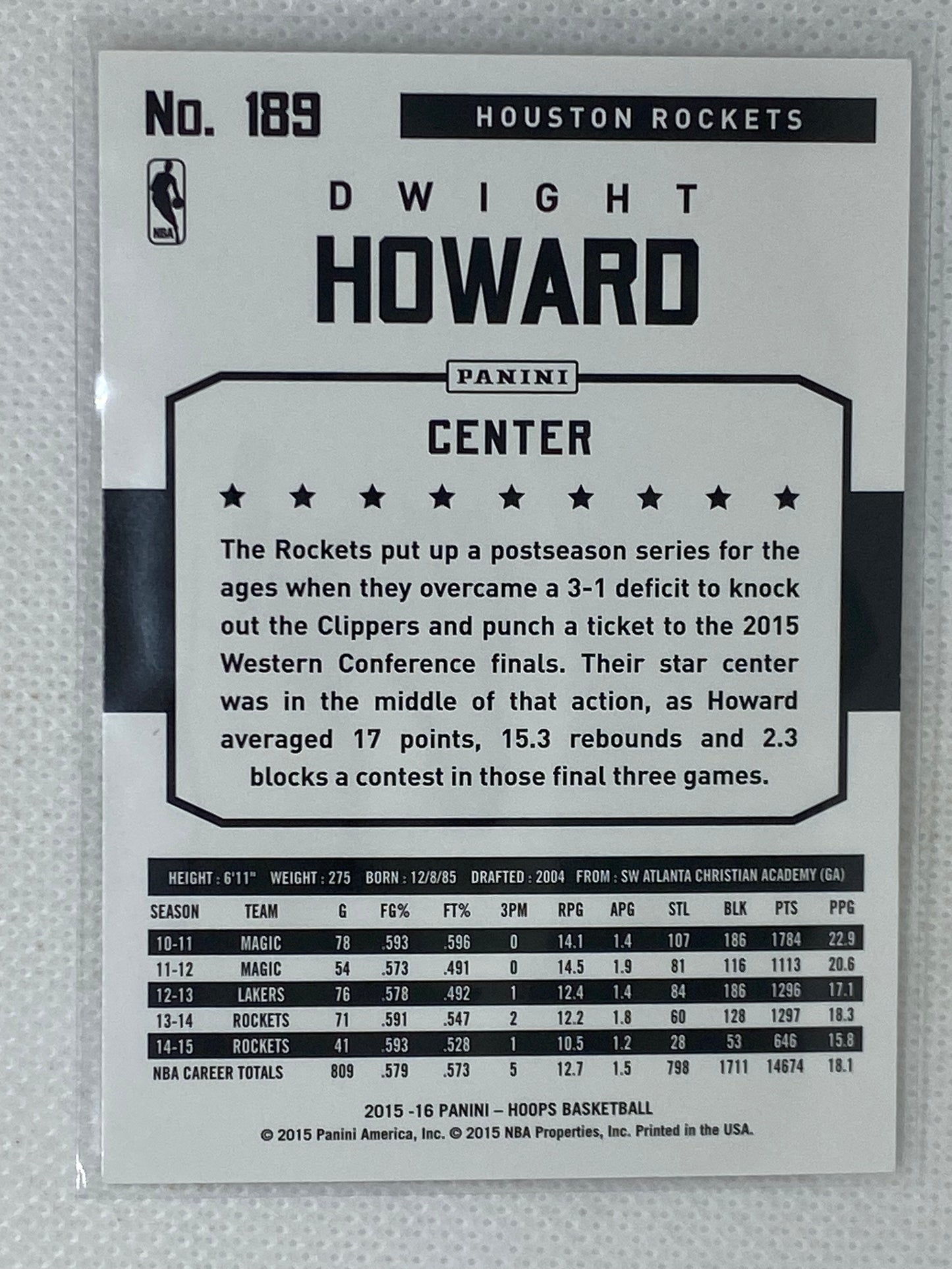 2015-16 Panini Hoops Dwight Howard #189 Houston Rockets