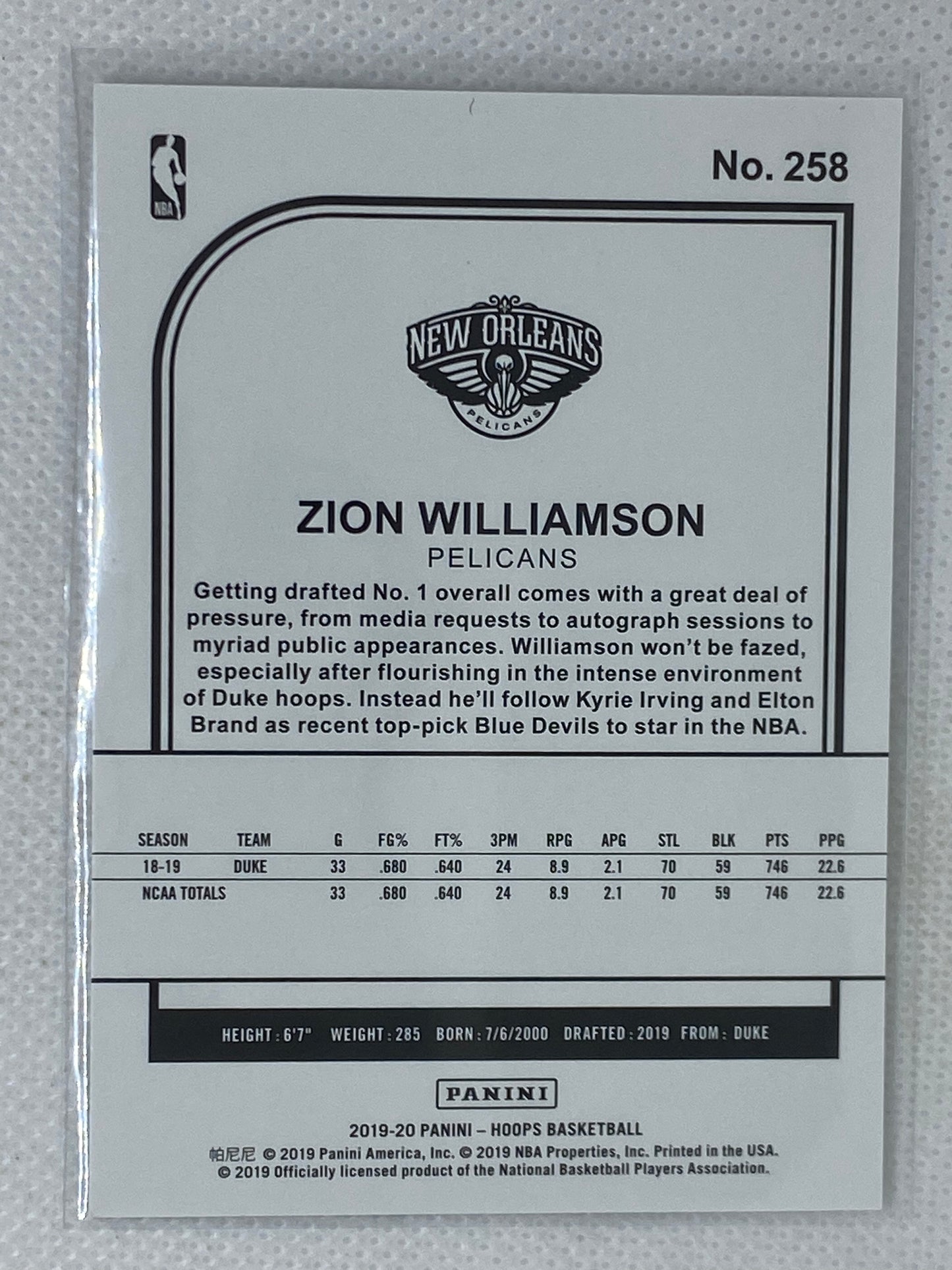 2019-20 NBA Hoops Zion Williamson Winter Parallel Rookie Card RC #258