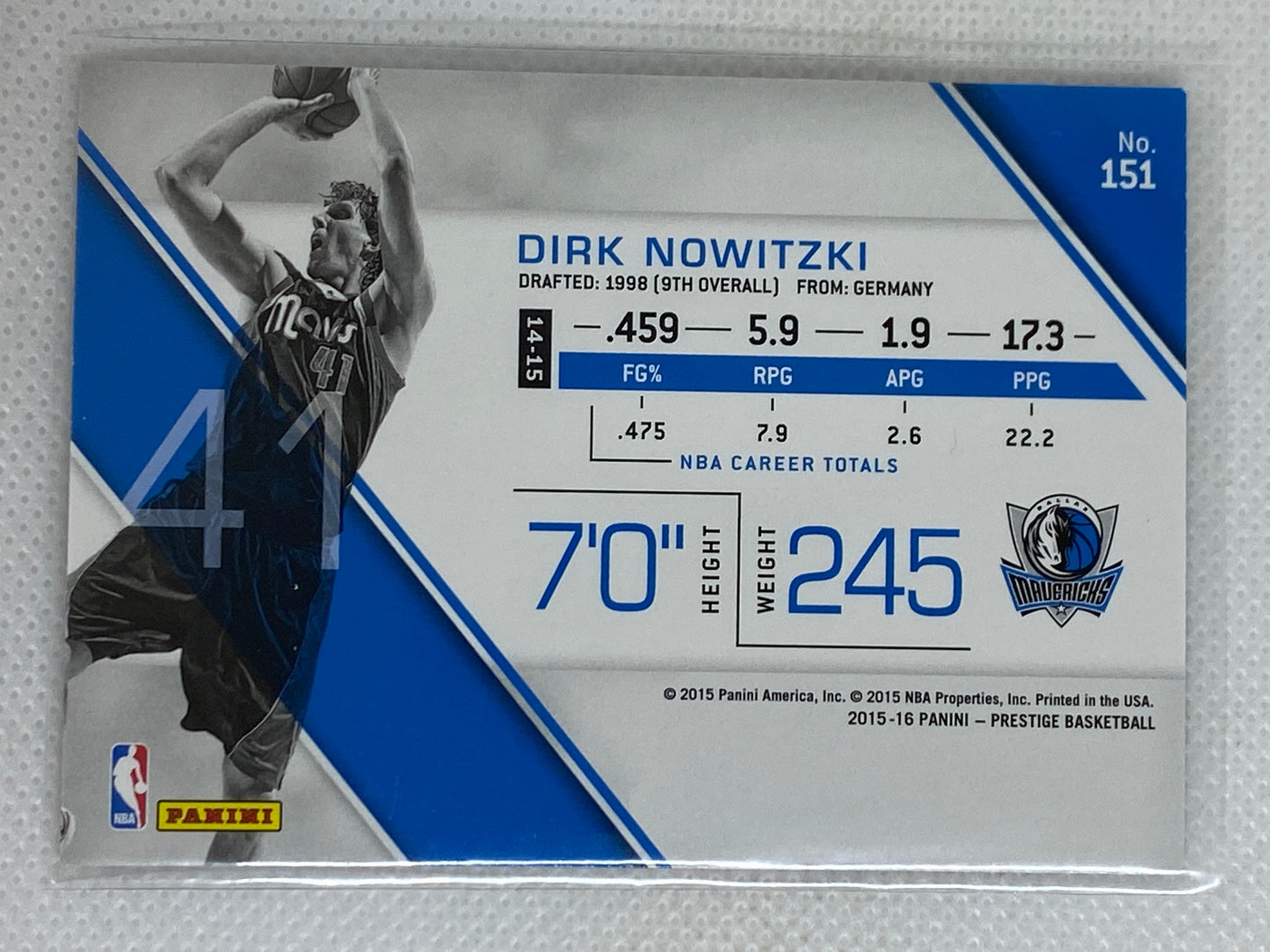 2015-16 Prestige Basketball #151 Dirk Nowitzki Dallas Mavericks