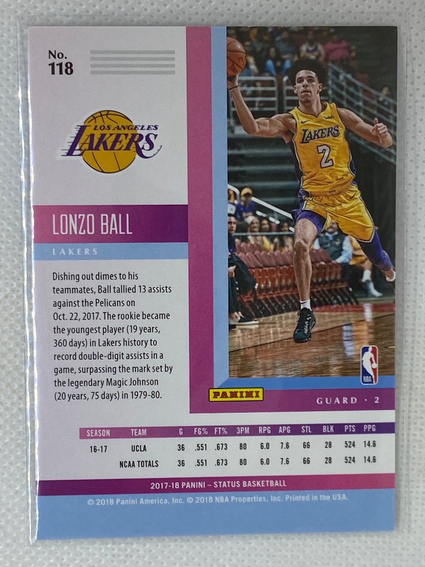 2017-18 Panini Status RC Rookie Lonzo Ball #118 Los Angeles Lakers