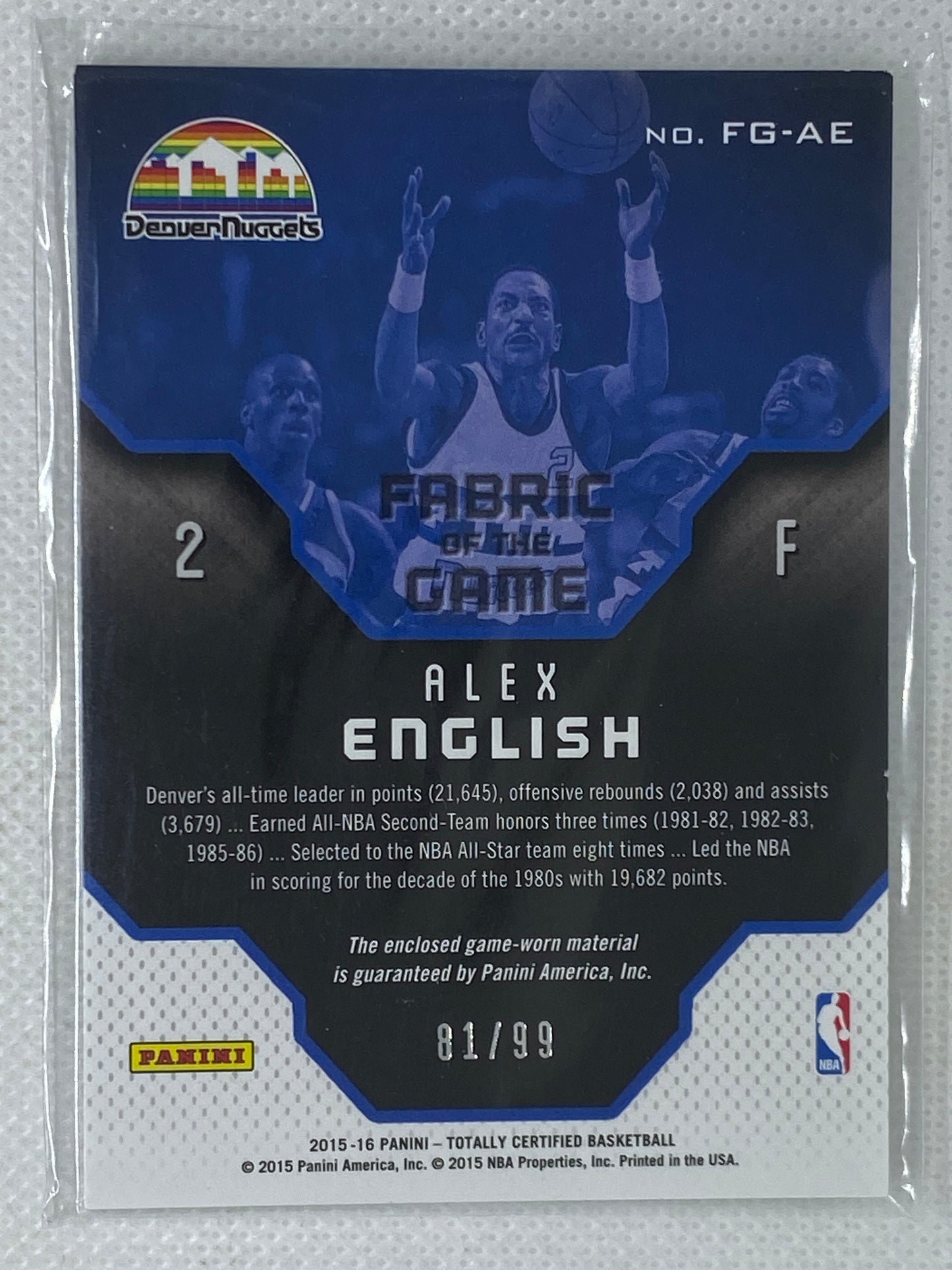 2015-16 Totally Certified Fabric of the Game Materials Blue /99 Alex English