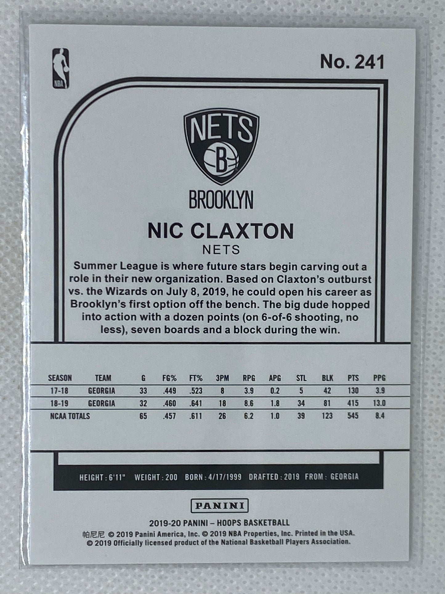 2019-20 NBA Hoops Winter #241 Nicolas Claxton Rookie Nets RC