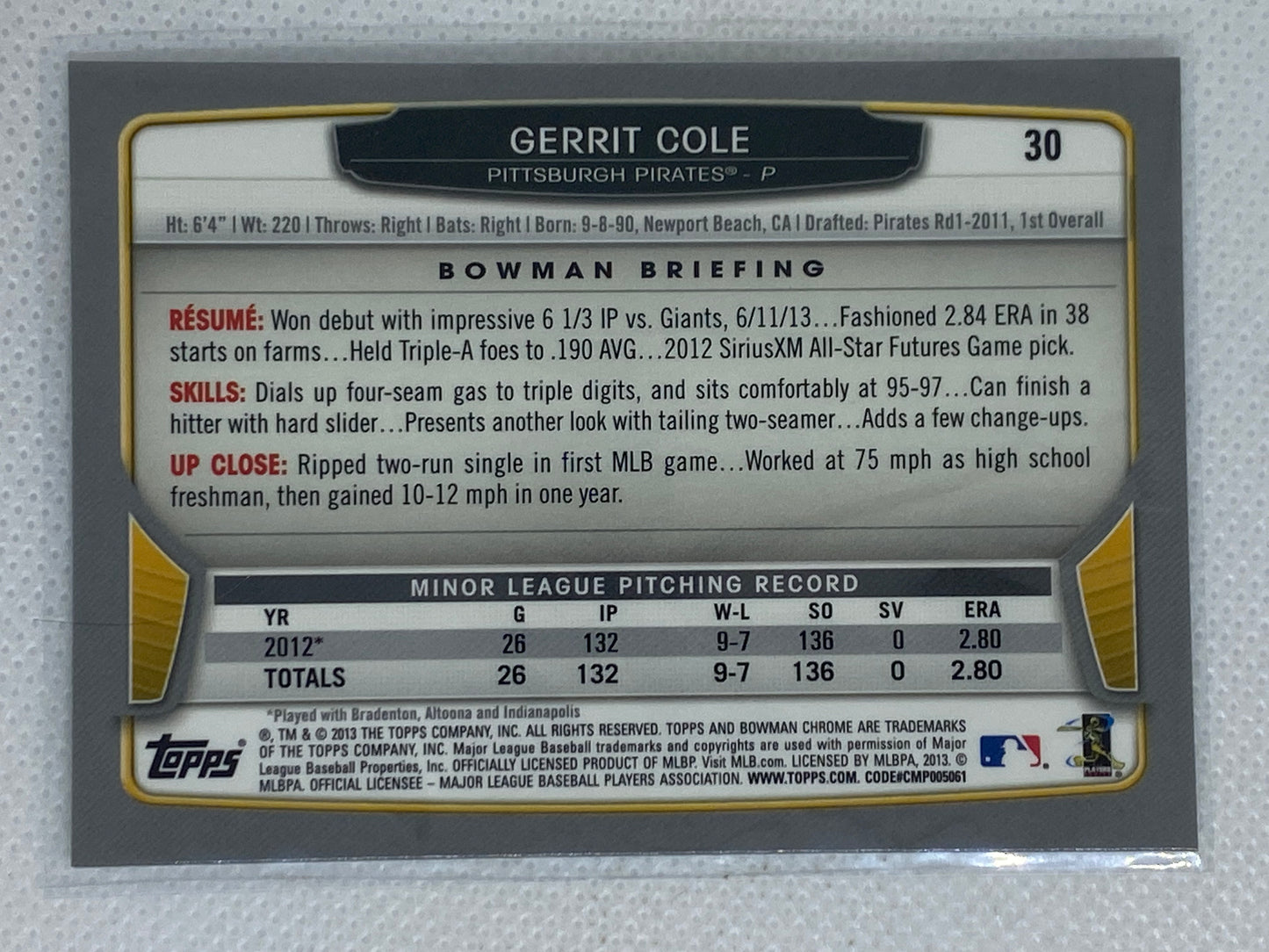 2013 Bowman Chrome Rookie #30 - Gerrit Cole - Pirates RC!