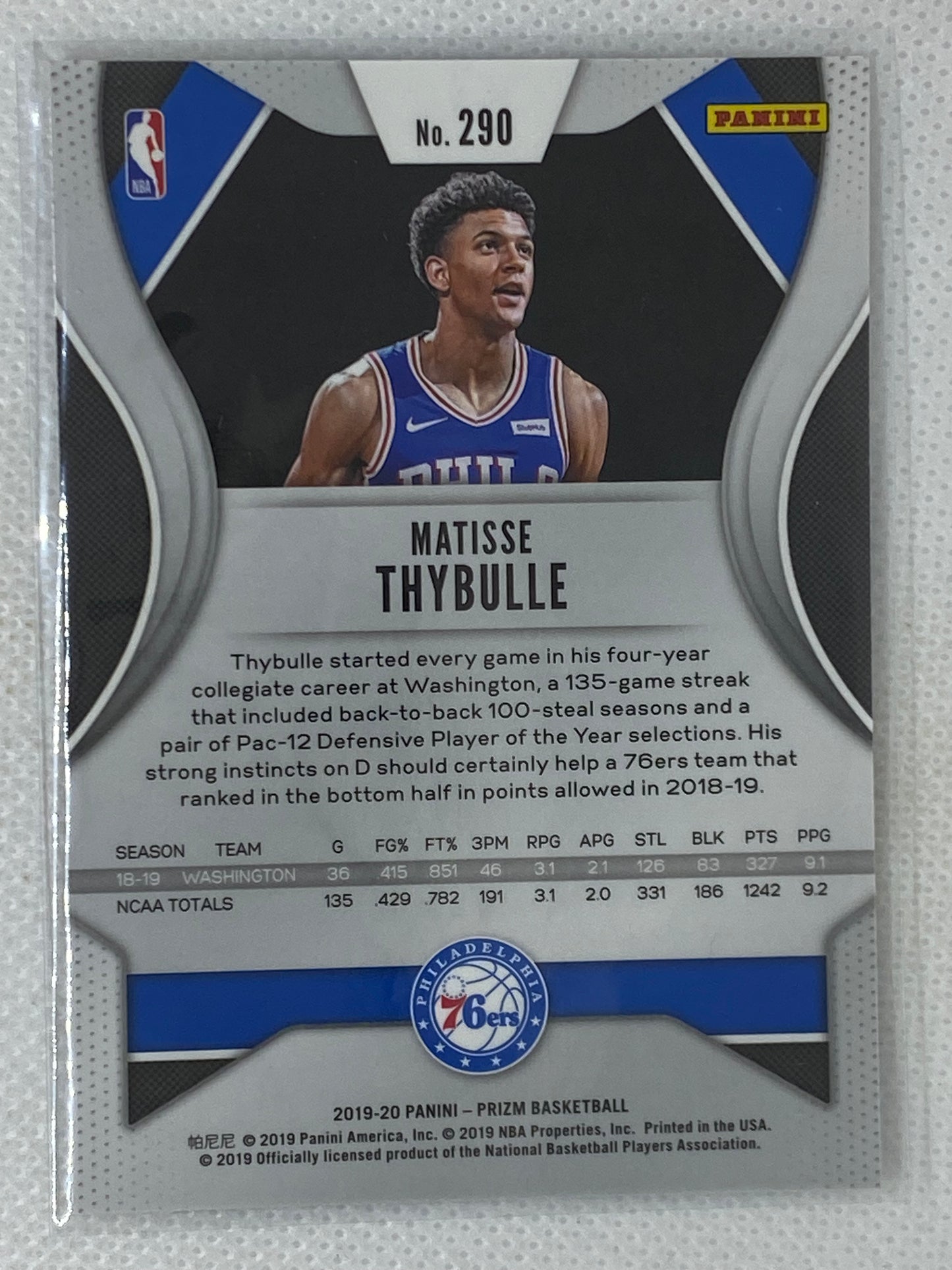 2019-20 Panini Prizm Base Matisse Thybulle #290 Rookie Philadelphia 76ers