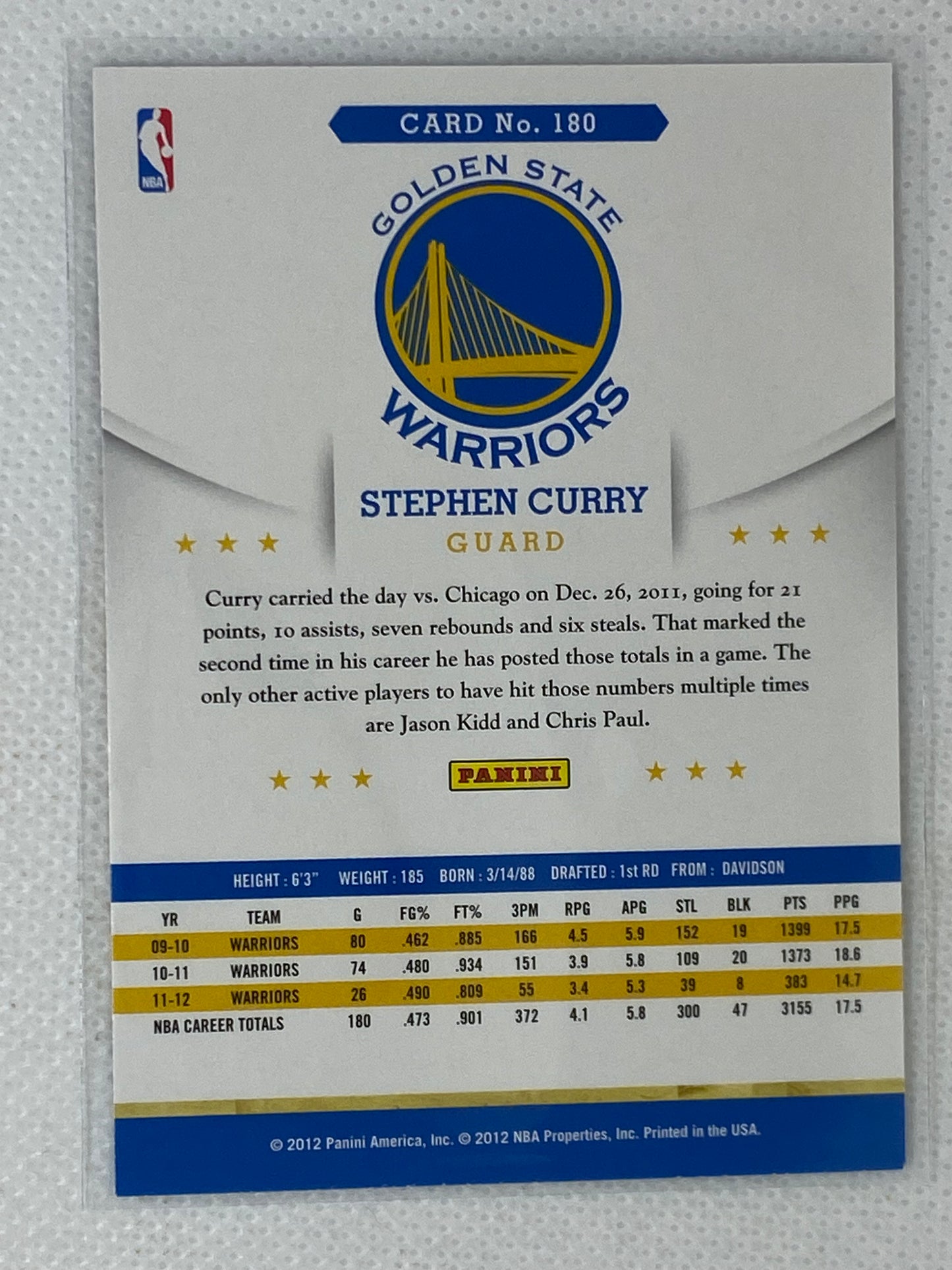 2012-13 Panini NBA Hoops Card #180 Stephen Curry Golden State Warriors MVP