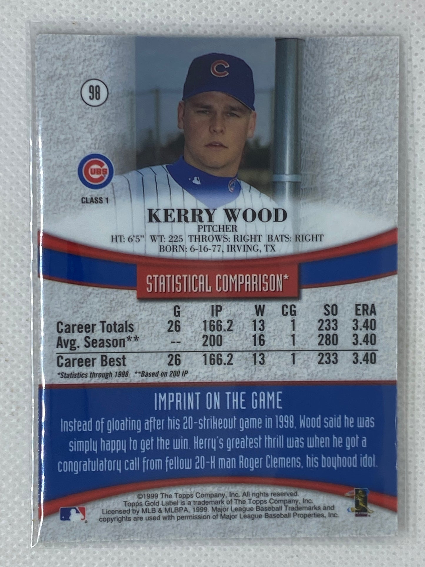 1999 Topps Gold Label - Class 1 #98 Kerry Wood Chicago Cubs