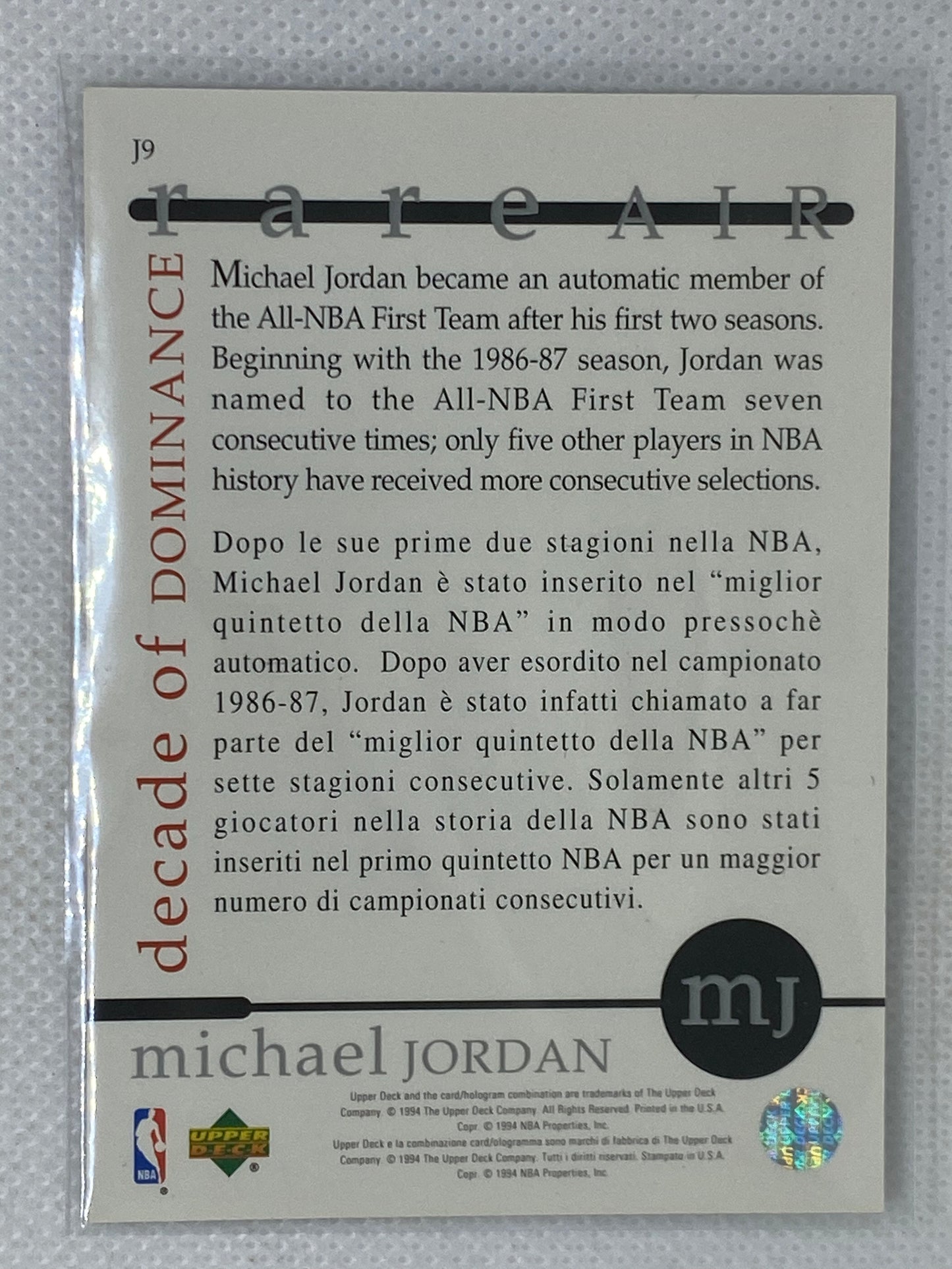 Michael Jordan 1994 Upper Deck MJ Decade of Dominance Card #J9 Chicago Bulls