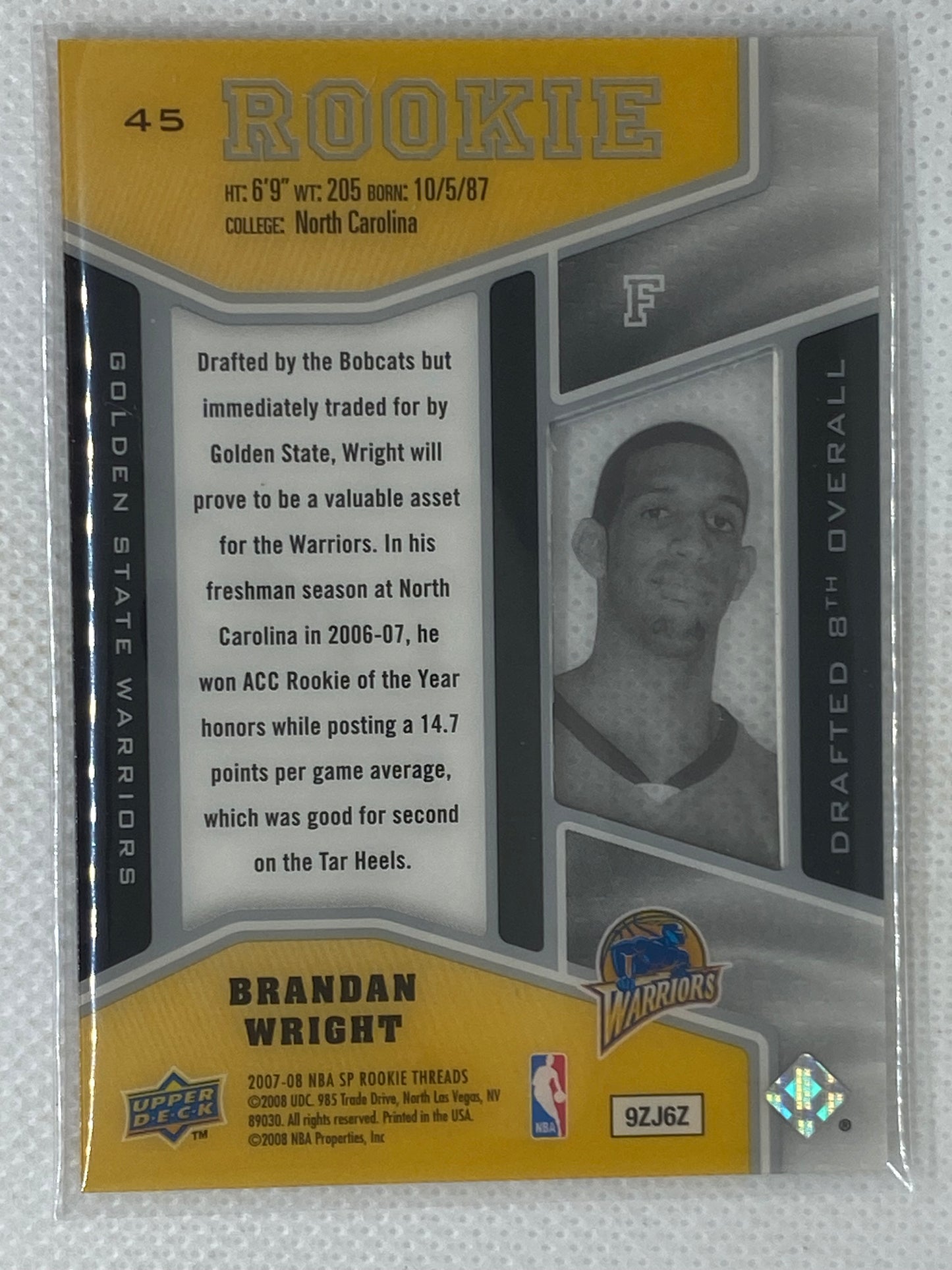 2007-08 SP Rookie Threads /199 Brandan Wright #45 Rookie RC