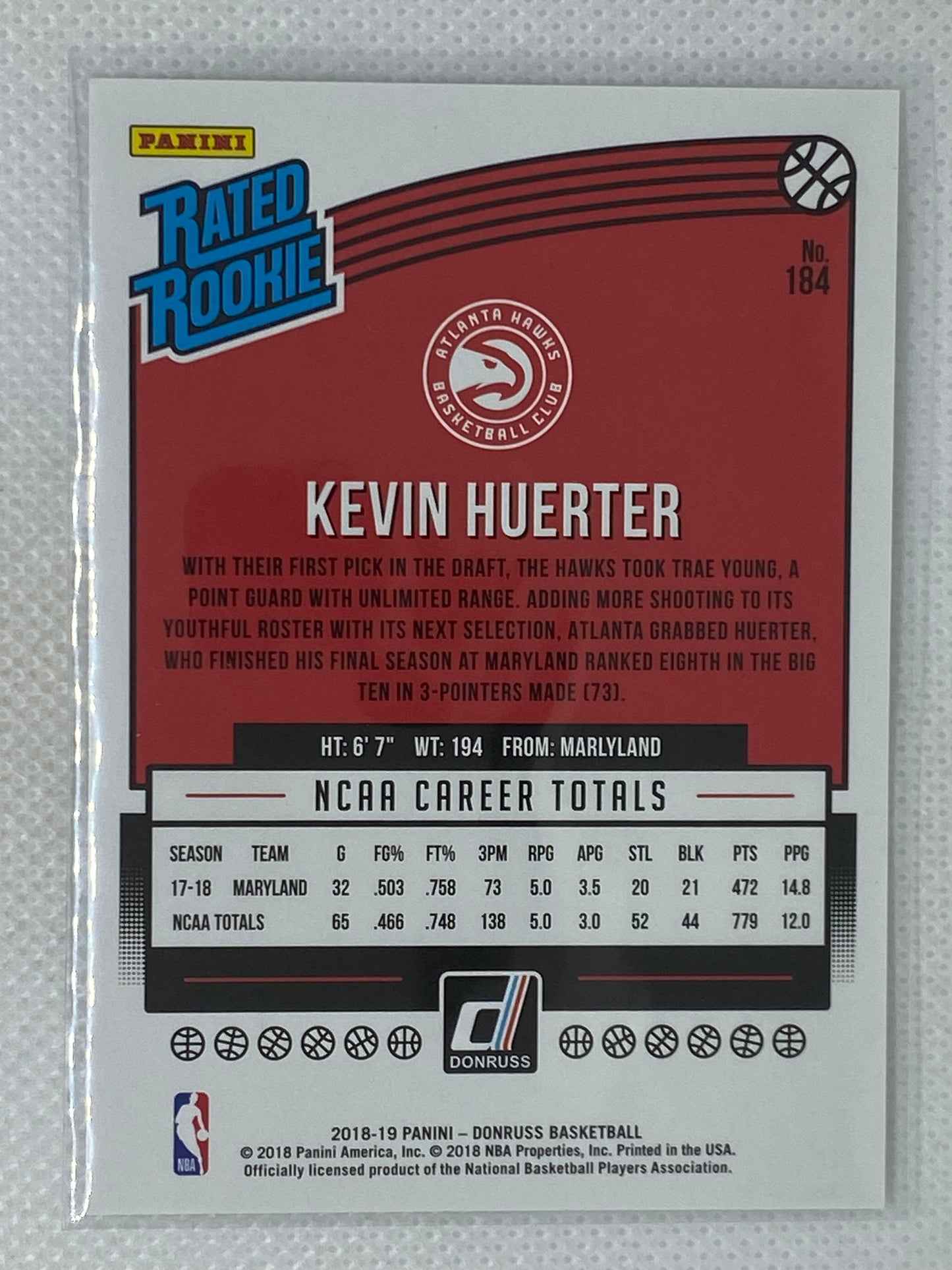 2018-19 Panini Donruss Rated Rookie Base #184 Kevin Huerter Atlanta Hawks