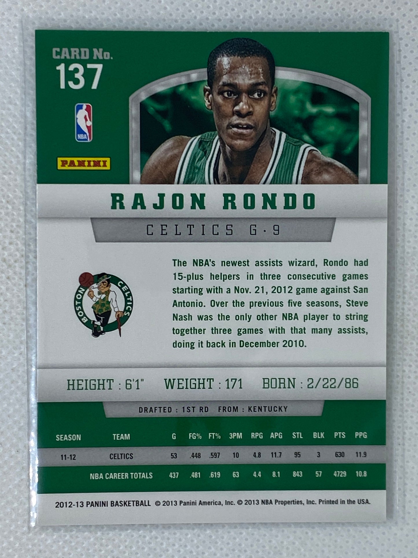 2012-13 Panini Basketball- Ramon Rondo #137- Boston Celtics