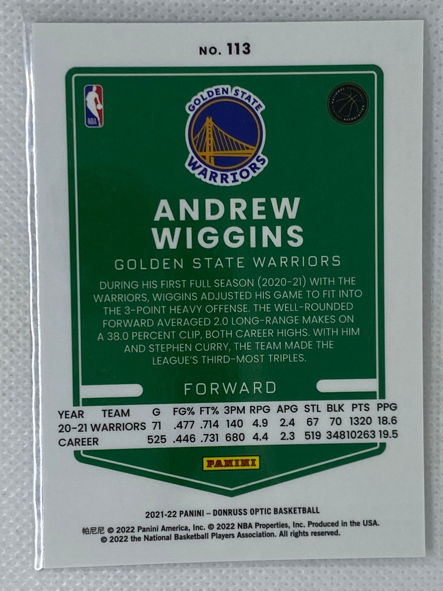 2021-22 Panini Donruss Optic Andrew Wiggins #113 Golden State Warriors