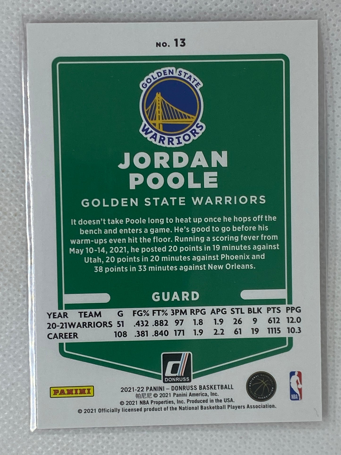 2021-22 Panini Donruss Jordan Poole #13 Orange Laser Golden State Warriors