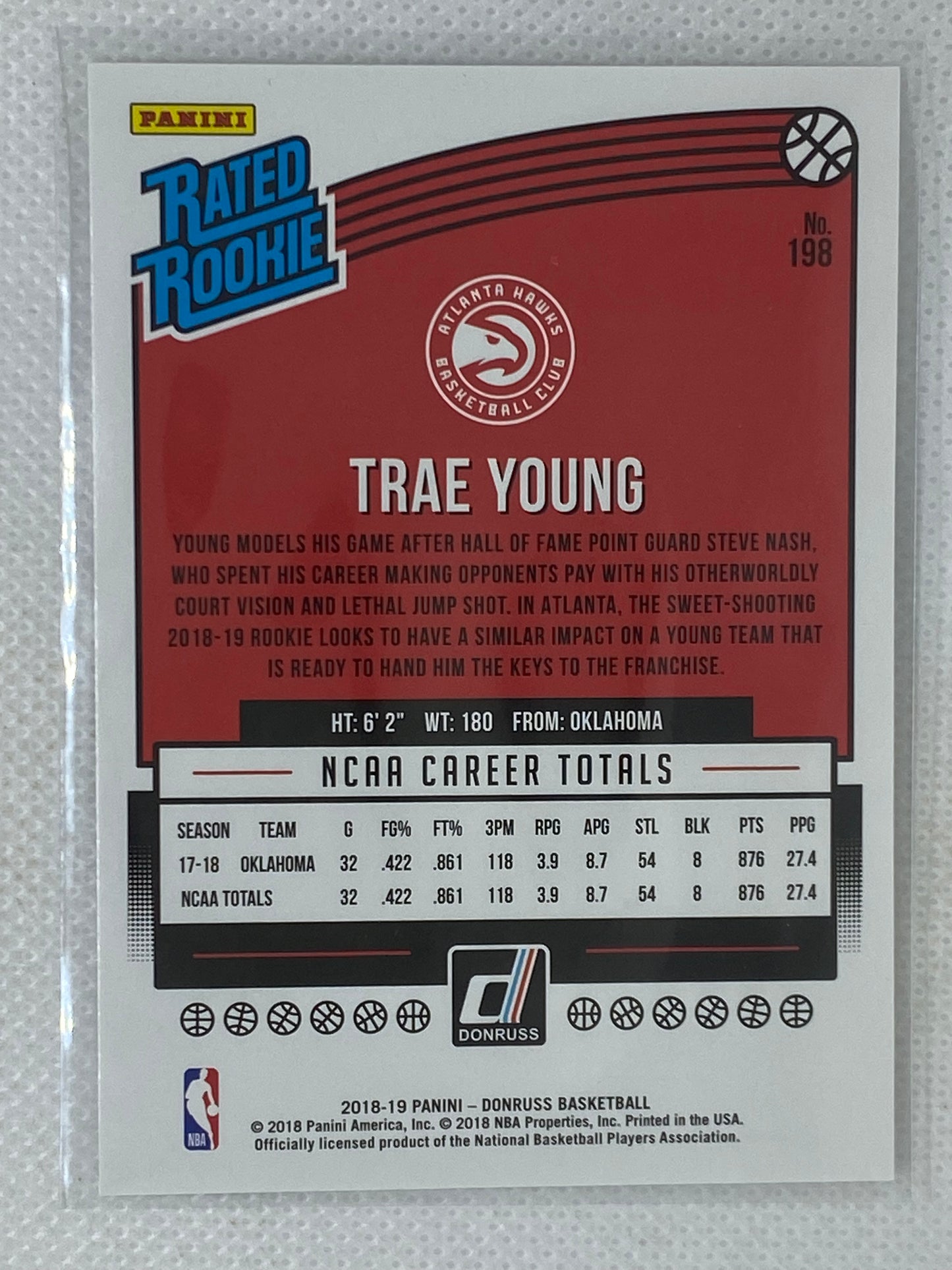 2018-19 Panini Donruss Trae Young Rated Rookie Base RC #198