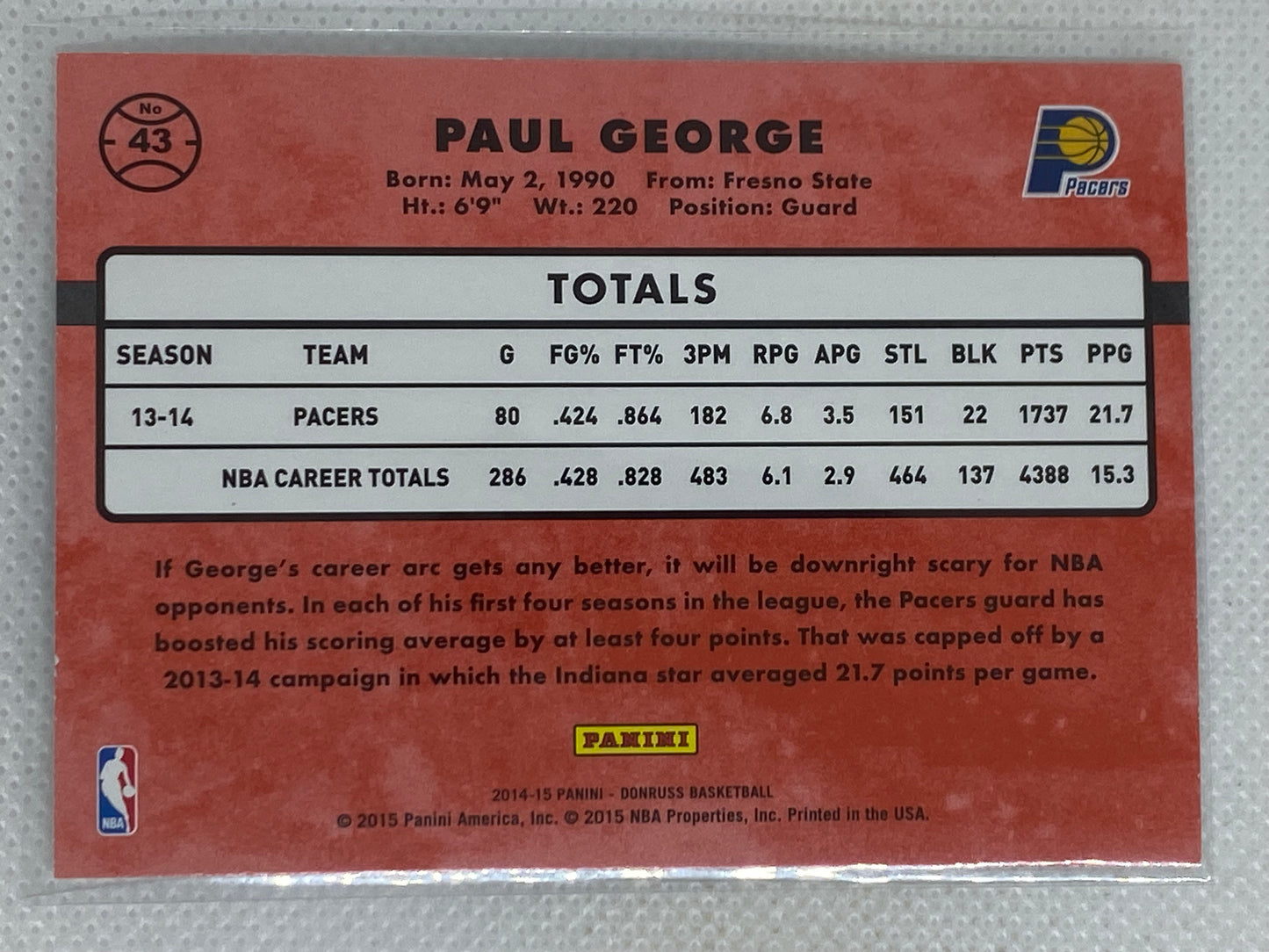 2014-15 Donruss Indiana Pacers Basketball Card #43 Paul George